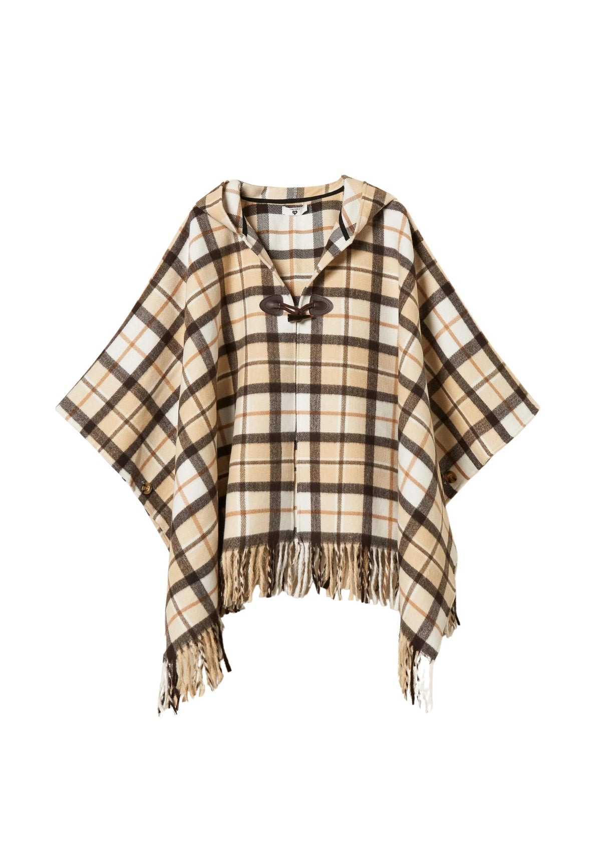 Poncho Jacquard Check Beige Dune con Alamaro e Frange 