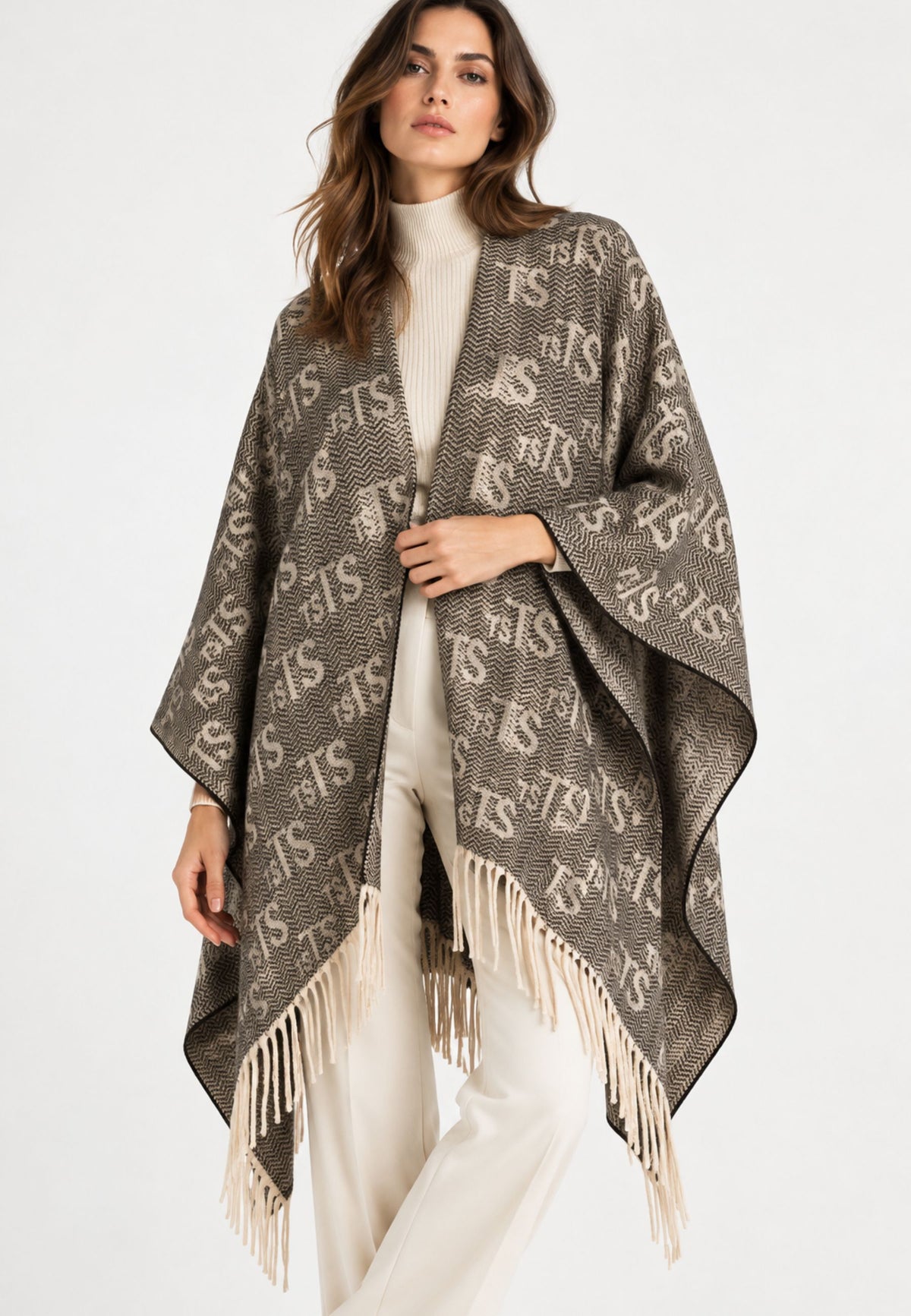 Poncho Twinset con motivo jacquard e frange 