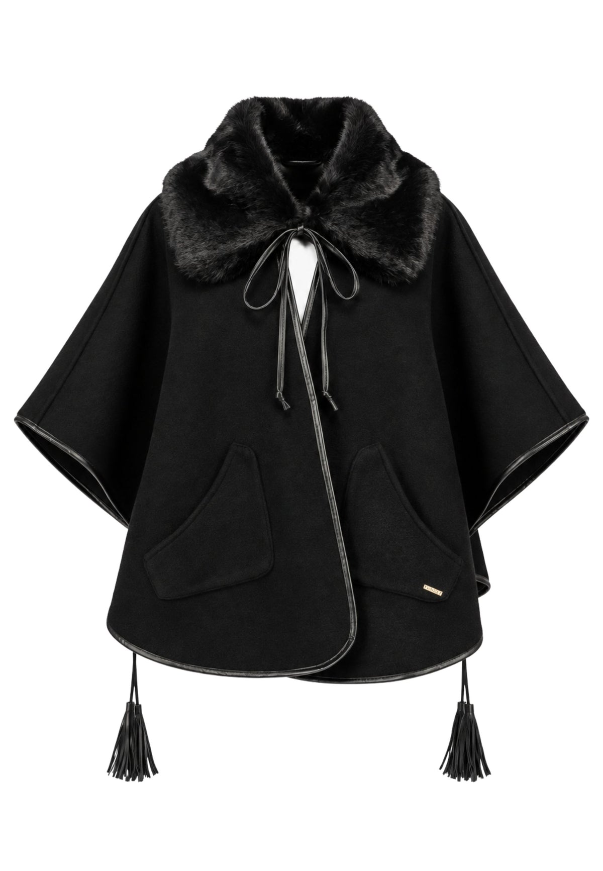TWINSET - Poncho nero con collo effetto pelliccia 