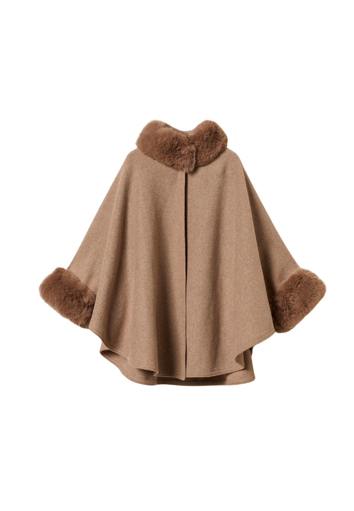 Twinset Poncho in Panno con Collo e Polsini in Faux Fur - Mastice Melange 