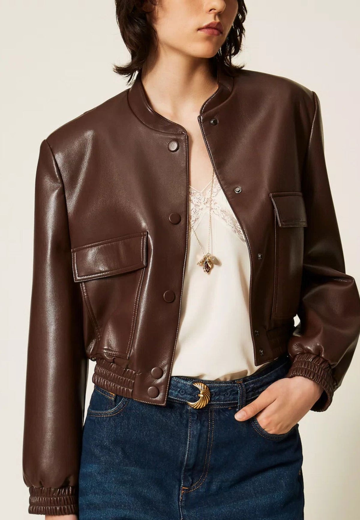 Bomber Twinset effetto pelle con tasche 