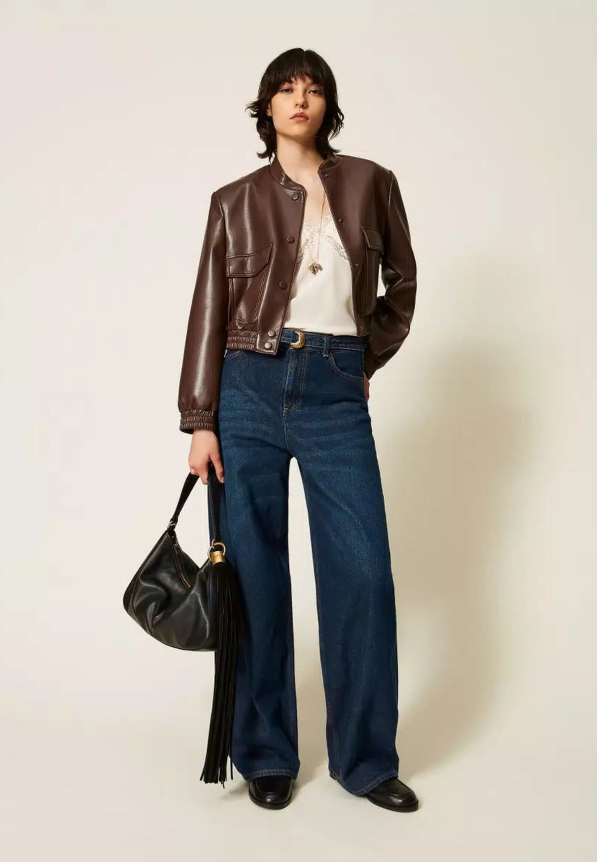 Bomber Twinset effetto pelle con tasche 
