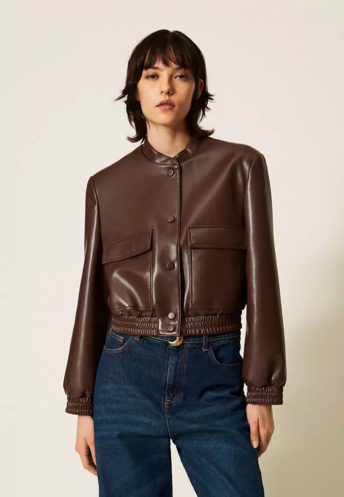 Bomber Twinset effetto pelle con tasche 