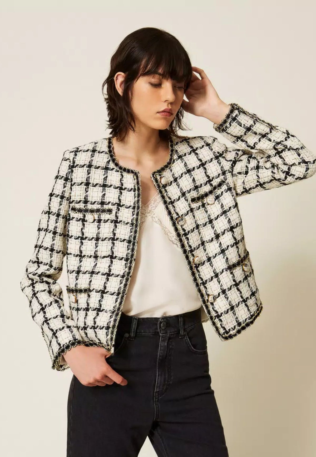 Giacca Twinset in bouclé check con dettagli lurex 