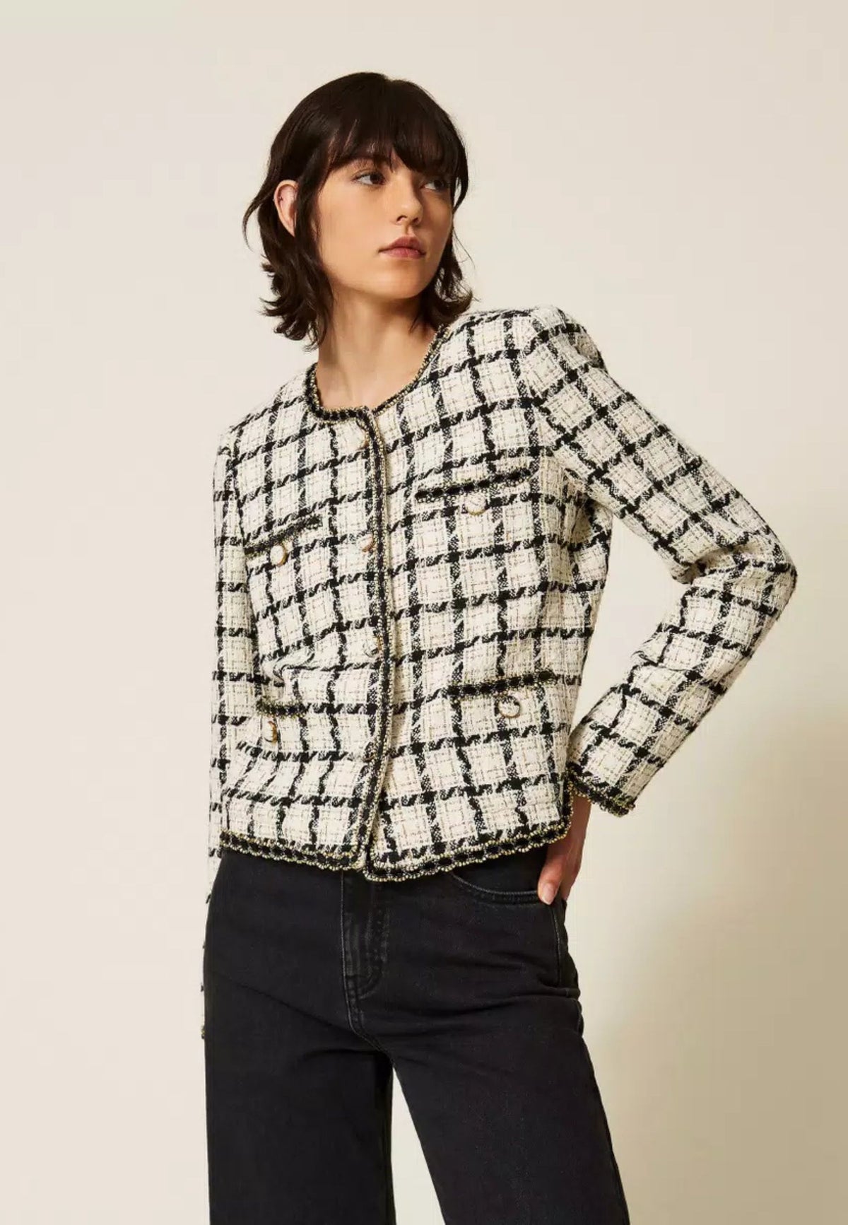 Giacca Twinset in bouclé check con dettagli lurex 
