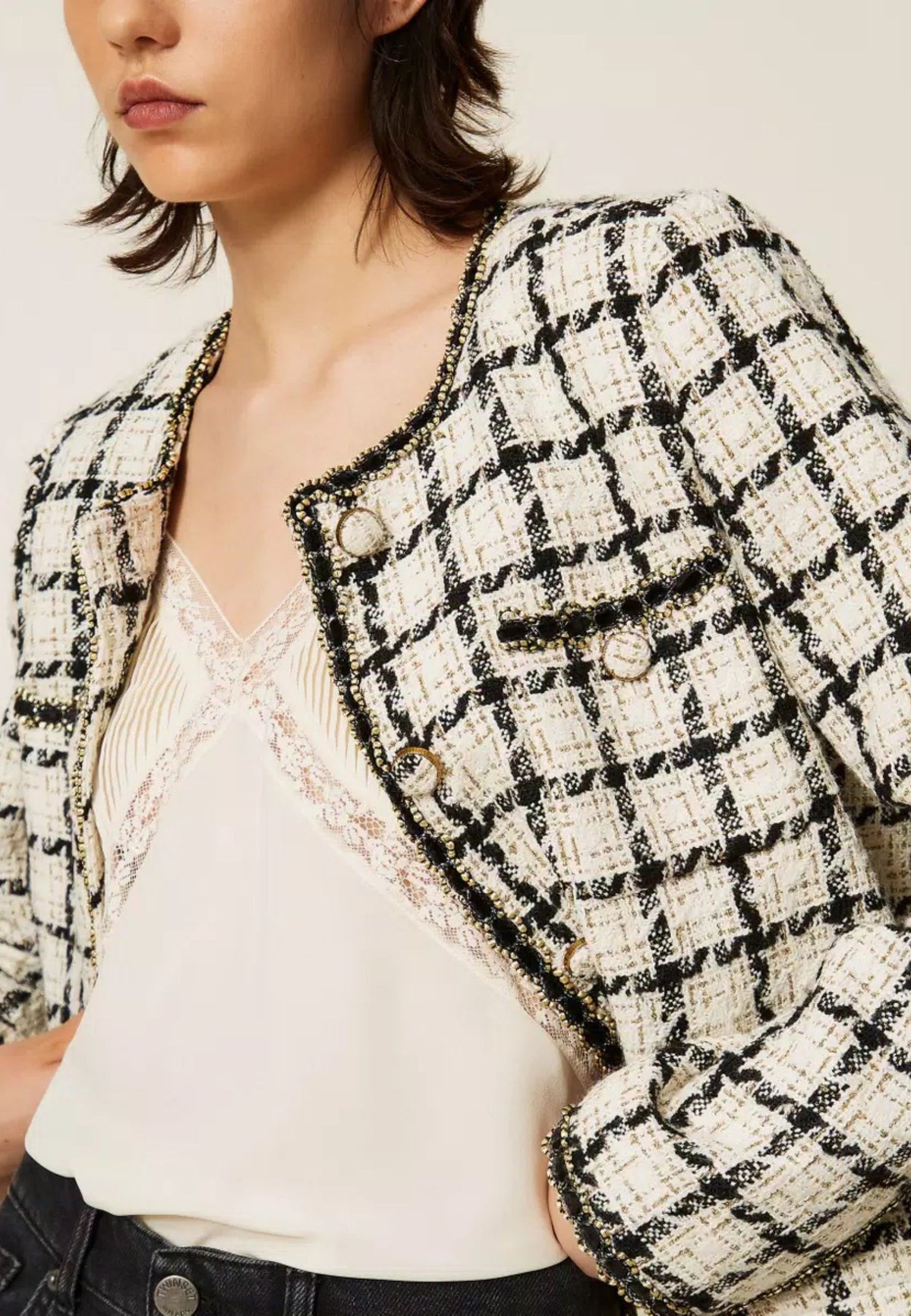 Giacca Twinset in bouclé check con dettagli lurex 