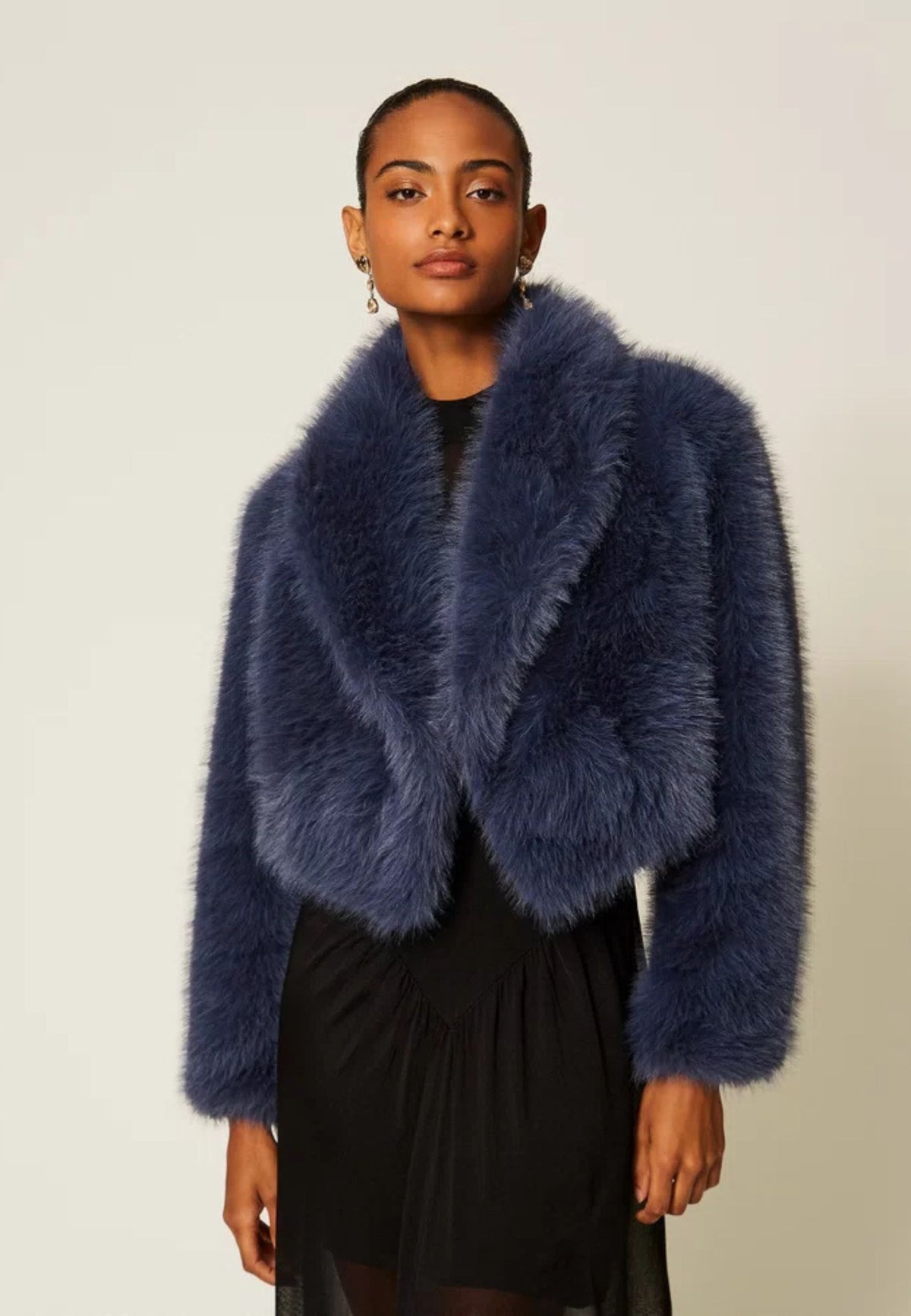 Twinset - Giacca Corta in Faux Fur Blu Indaco 
