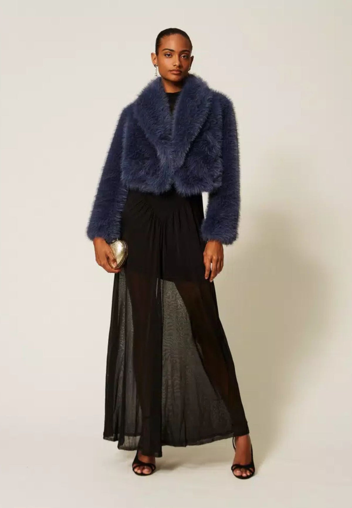 Twinset - Giacca Corta in Faux Fur Blu Indaco 
