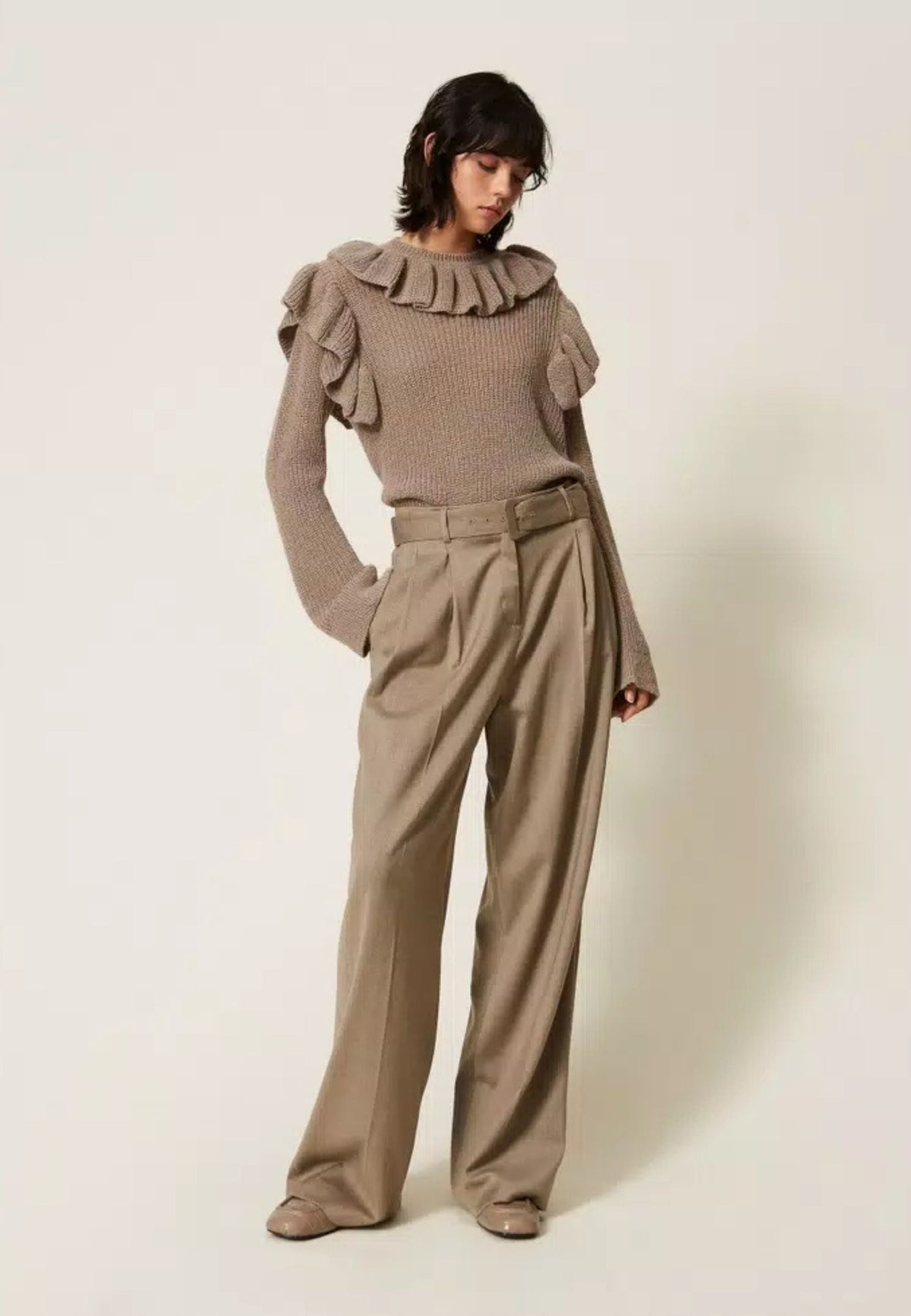 Twinset - Pantaloni a Palazzo in Raso Opaco con Cintura 