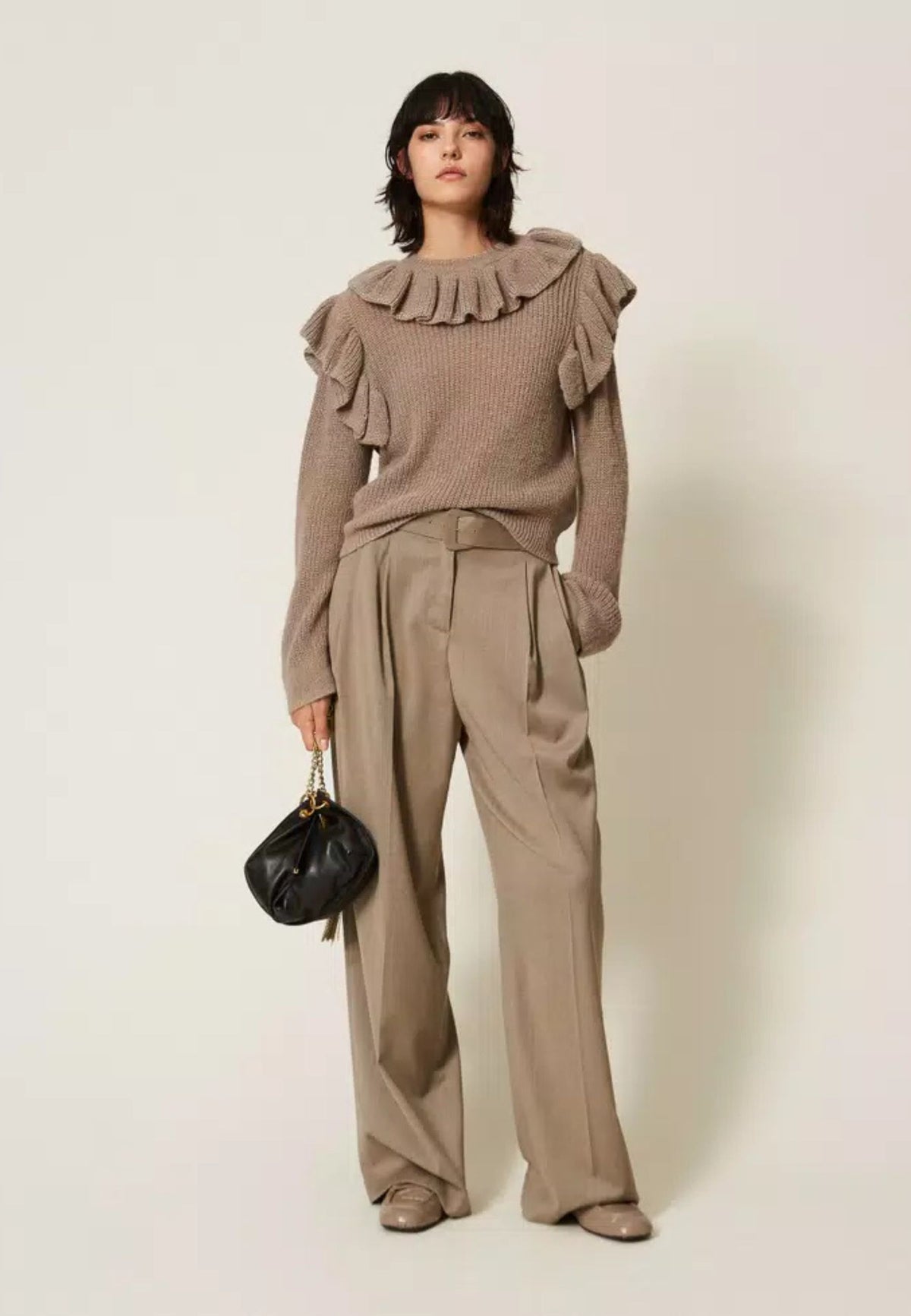 Twinset - Pantaloni a Palazzo in Raso Opaco con Cintura 