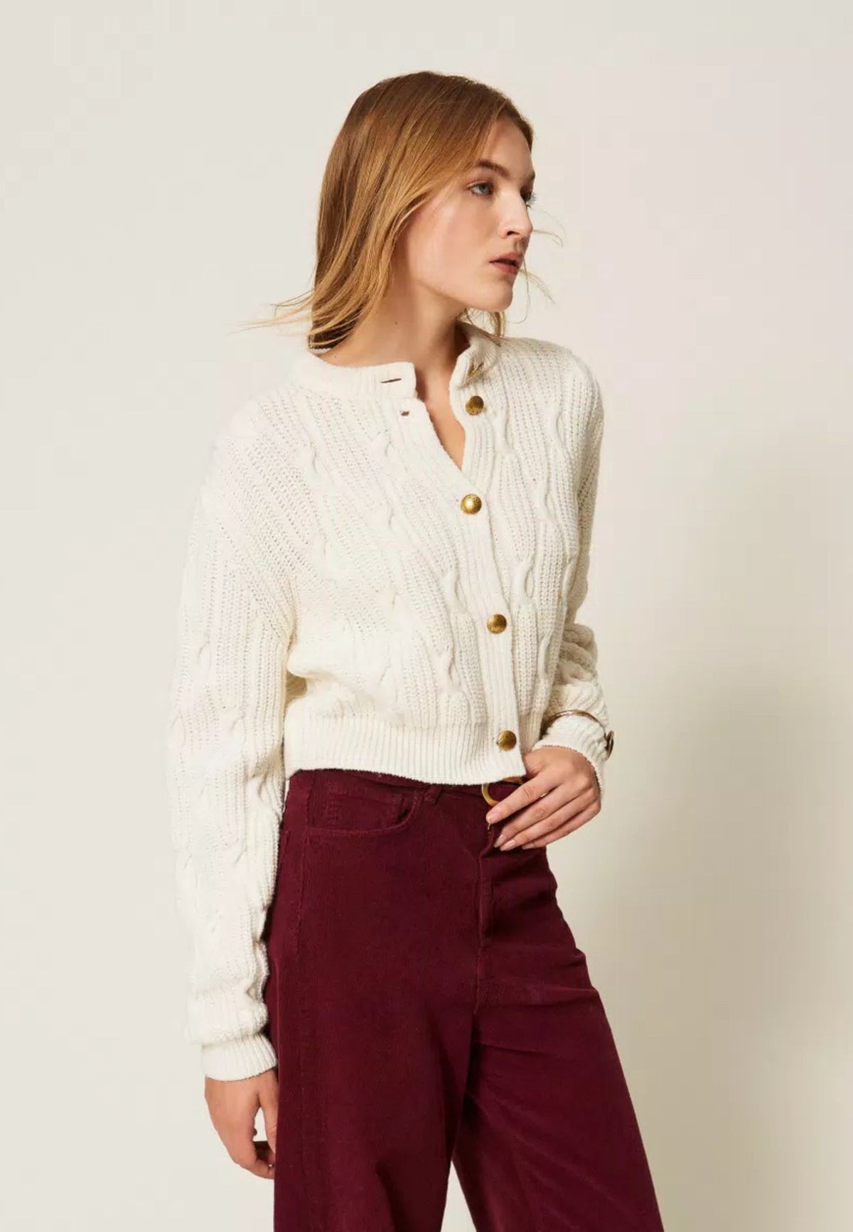Twinset - Cardigan Cropped in Misto Lana con Bottoni Gioiello 