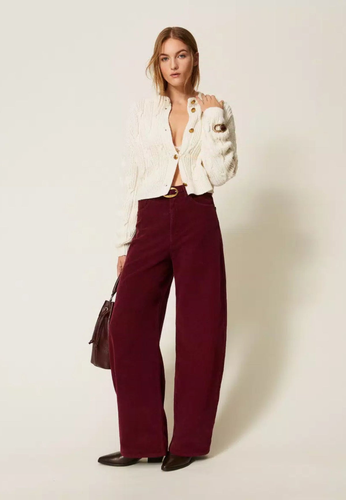 Twinset - Cardigan Cropped in Misto Lana con Bottoni Gioiello 