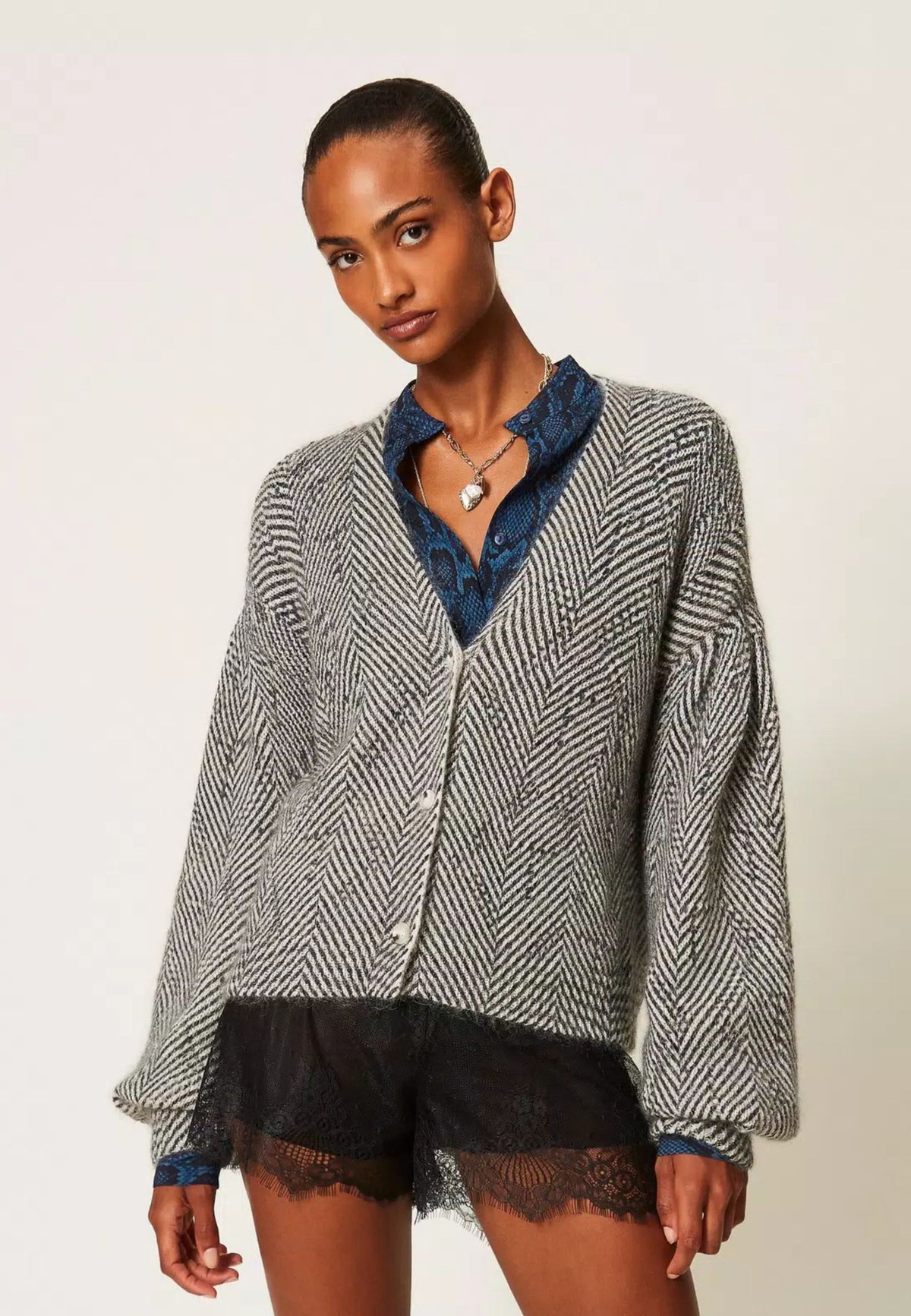 Twinset - Cardigan Chevron in Misto Mohair e Lurex 