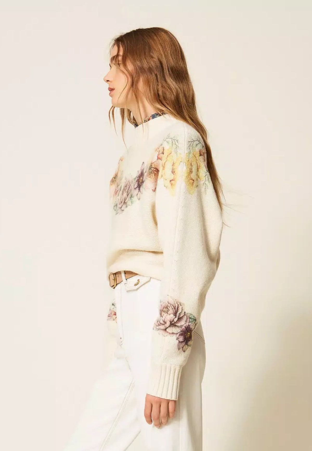 Twinset - Maglia in Misto Lana e Cotone con Stampa Floreale 