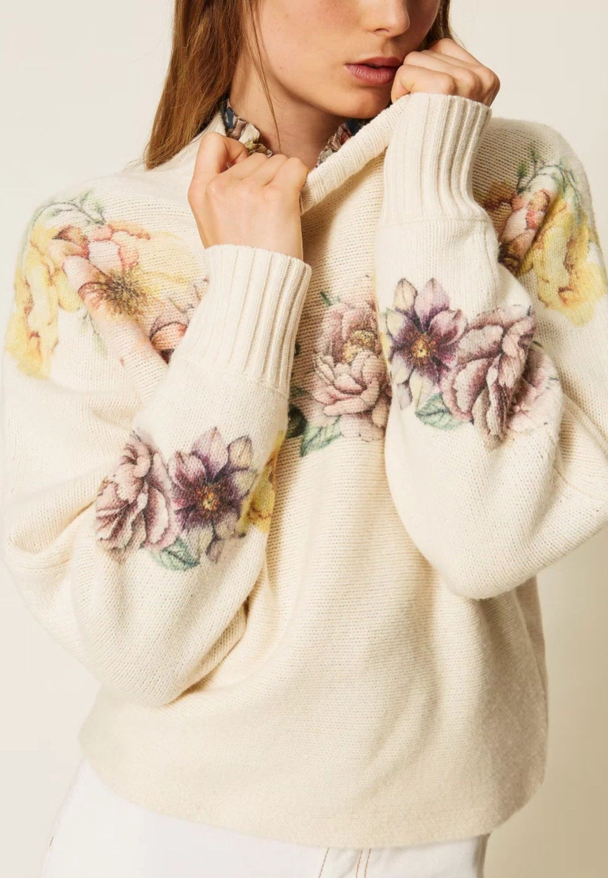 Twinset - Maglia in Misto Lana e Cotone con Stampa Floreale 