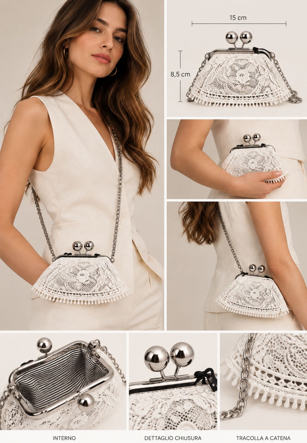 Weekend Max Mara - Mini Borsa Pasticcino in Pelle e Cotone Bianco con Ricami in Pizzo 