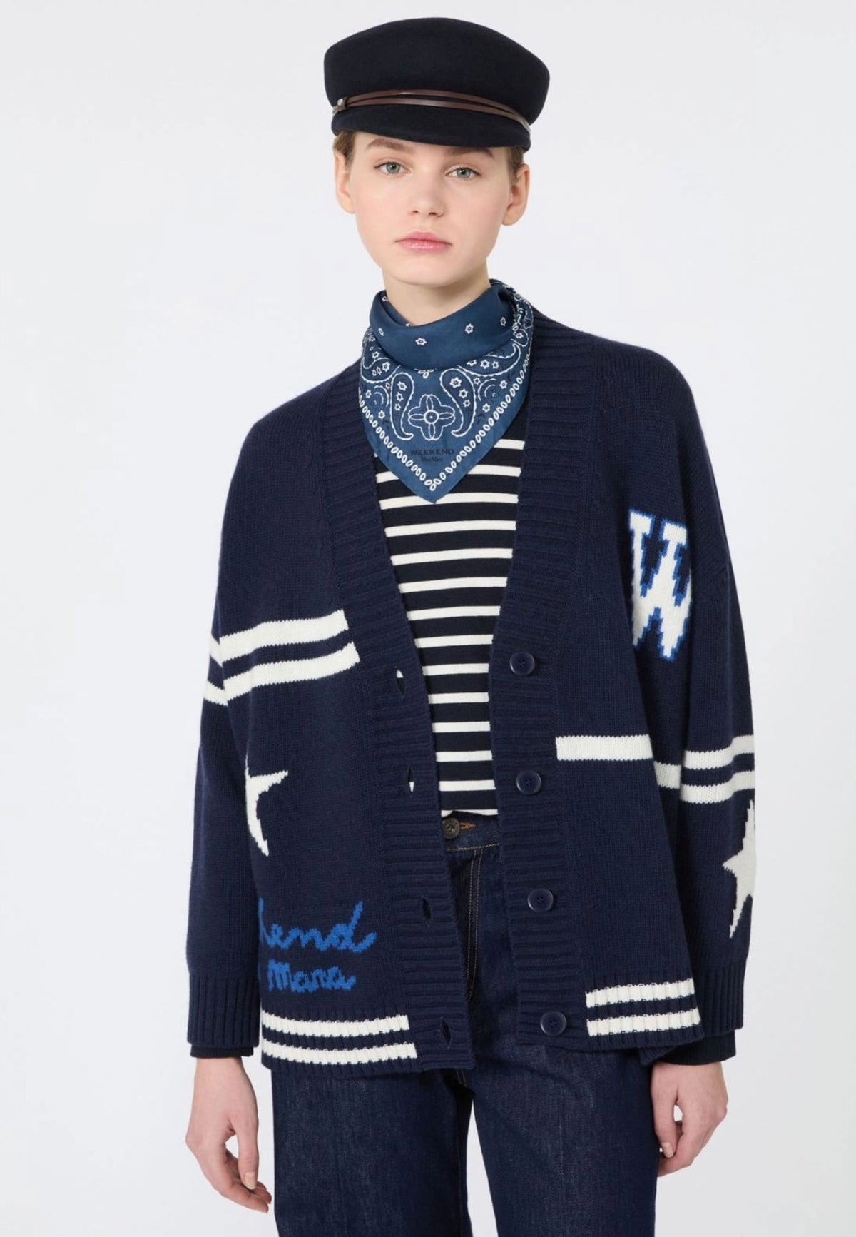 Weekend Max Mara cardigan in lana jacquard blu marino 