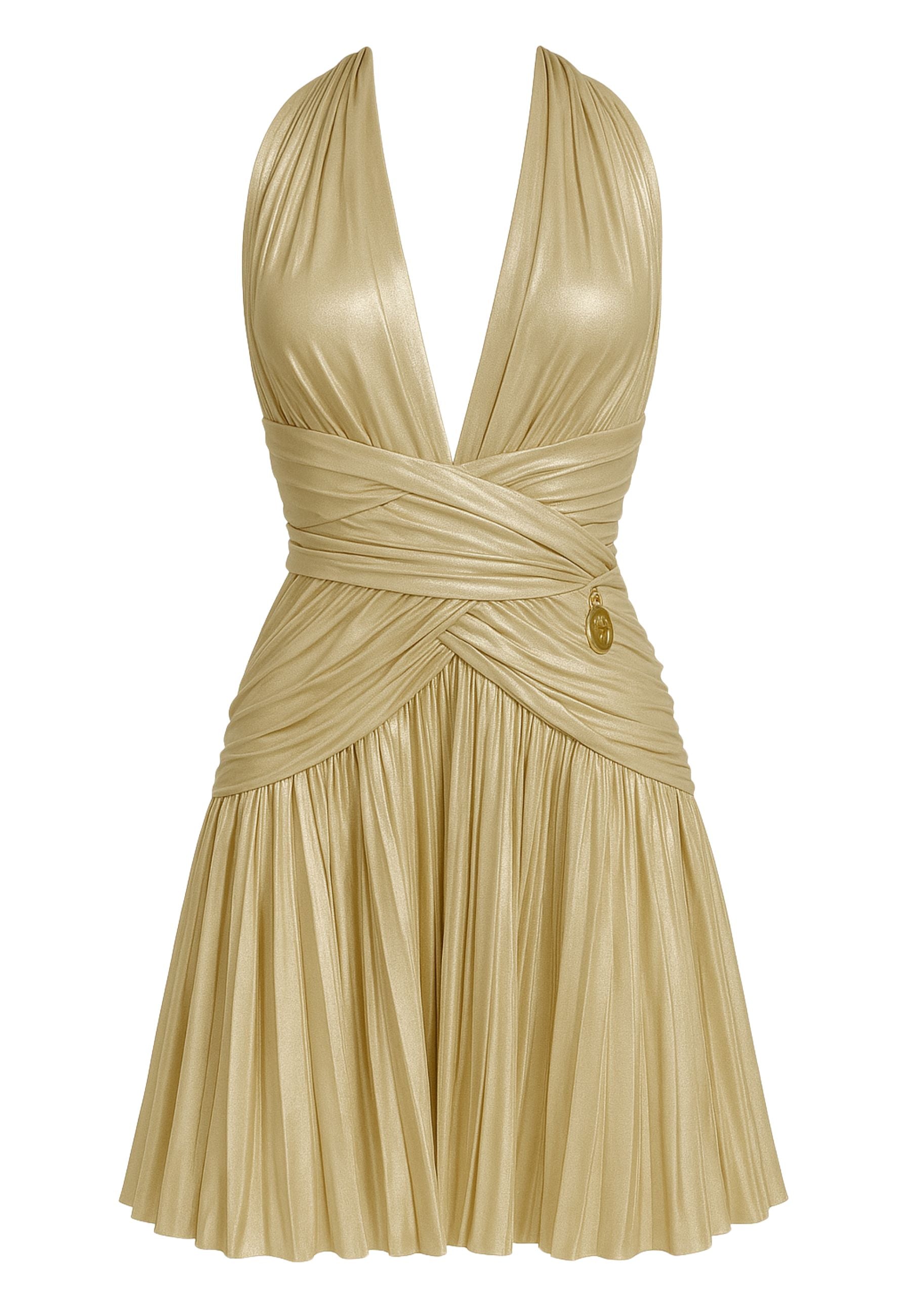 Abito corto Babylon in tessuto laminato oro 