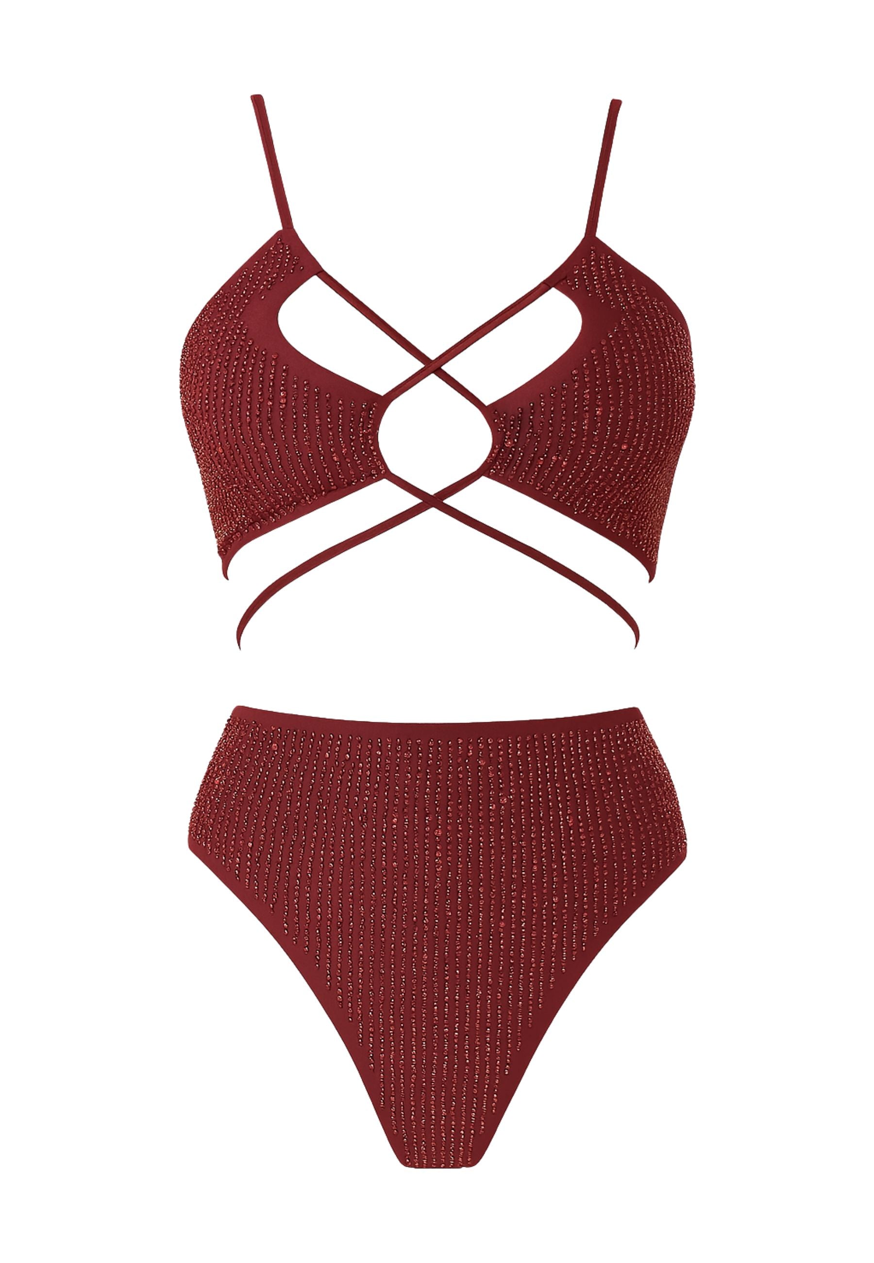 Costume Due Pezzi con Strass Bordeaux - Margherita Mazzei 