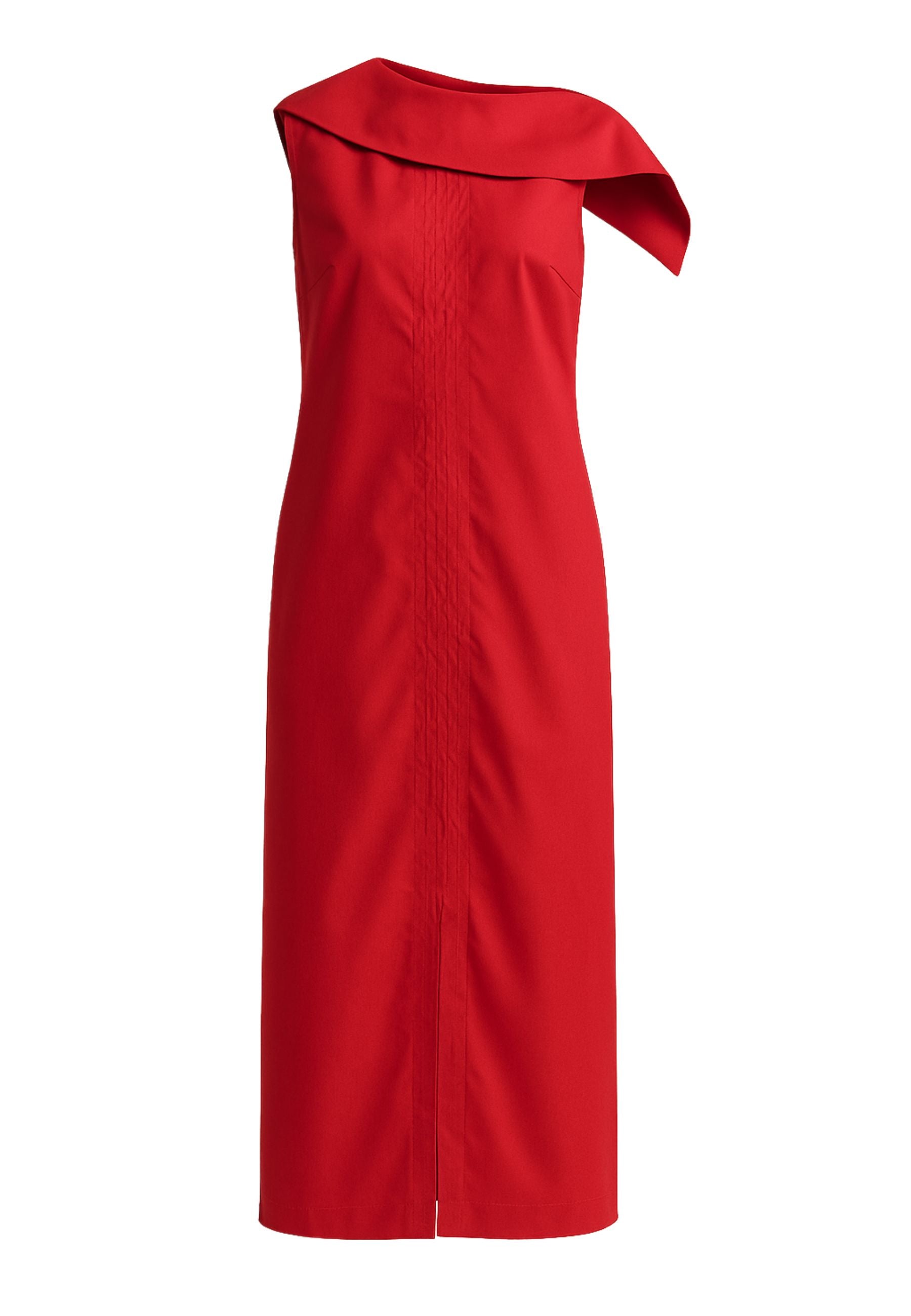 Abito midi rosso con scollo asimmetrico e schiena scoperta<BR/> 