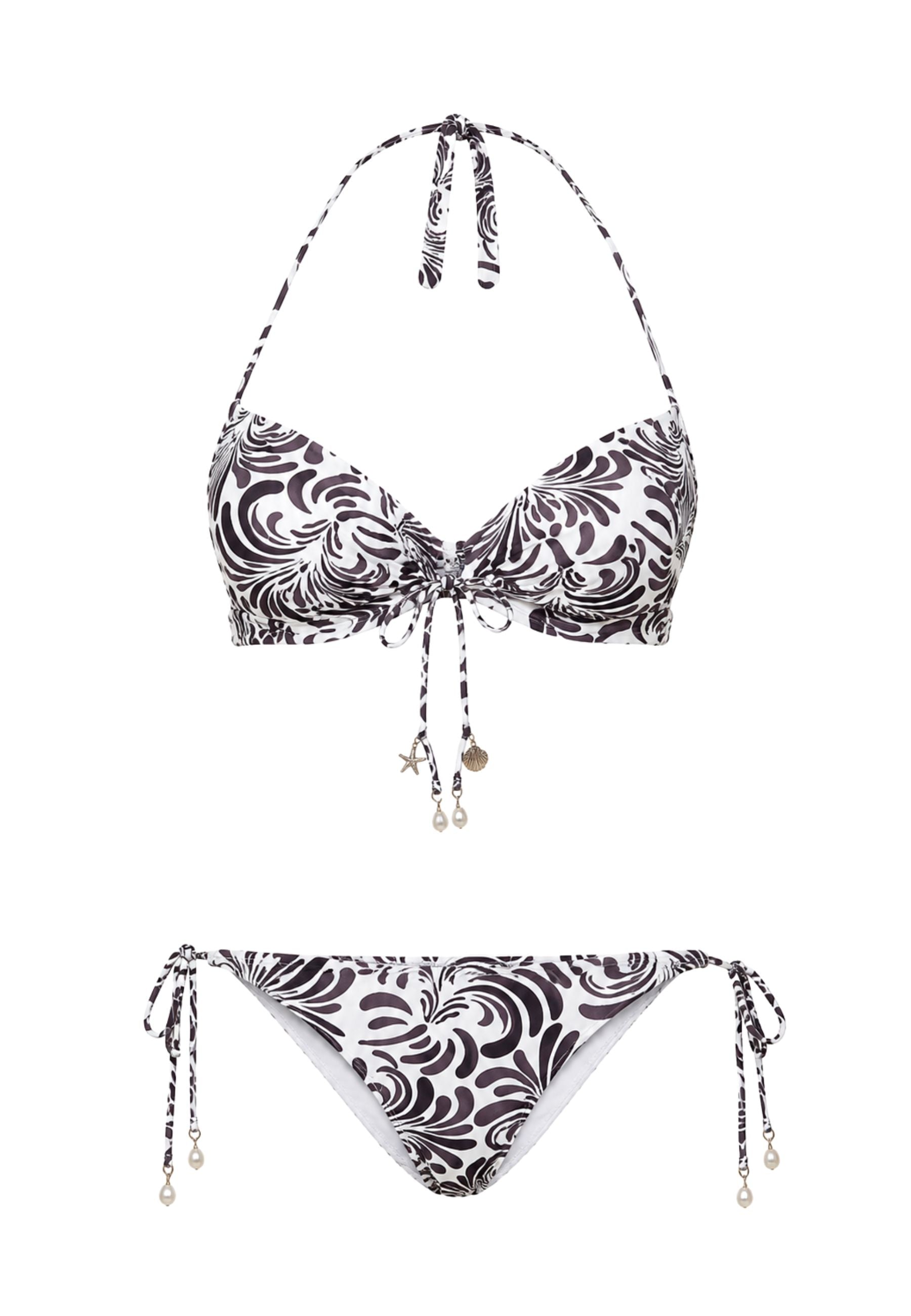 Bikini Push-Up COPPA C con Stampa Botanical Coffee Choc / Off White e Slip Tanga Regolabile 