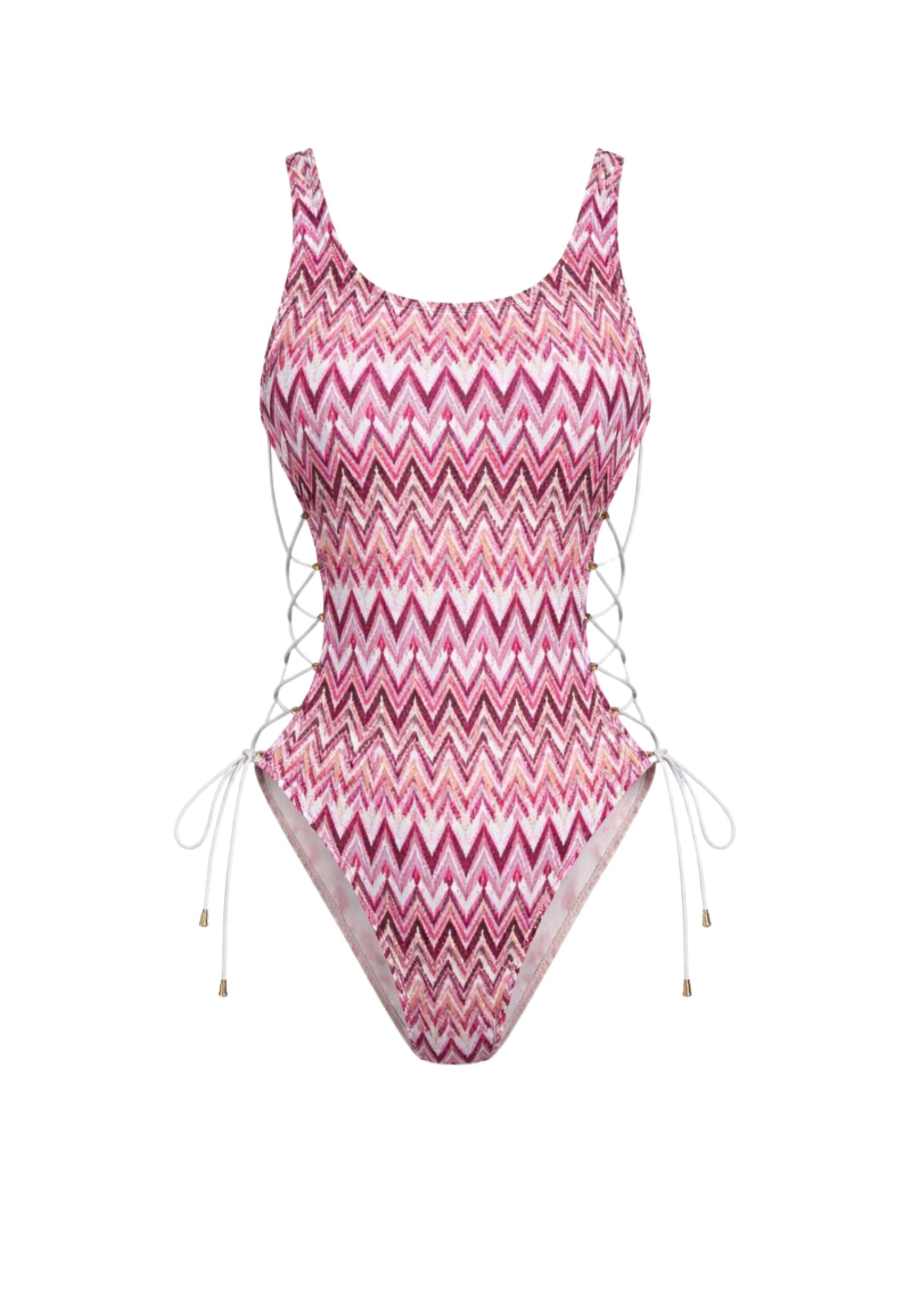 Costume intero in lycra stampata con laccetti laterali 
