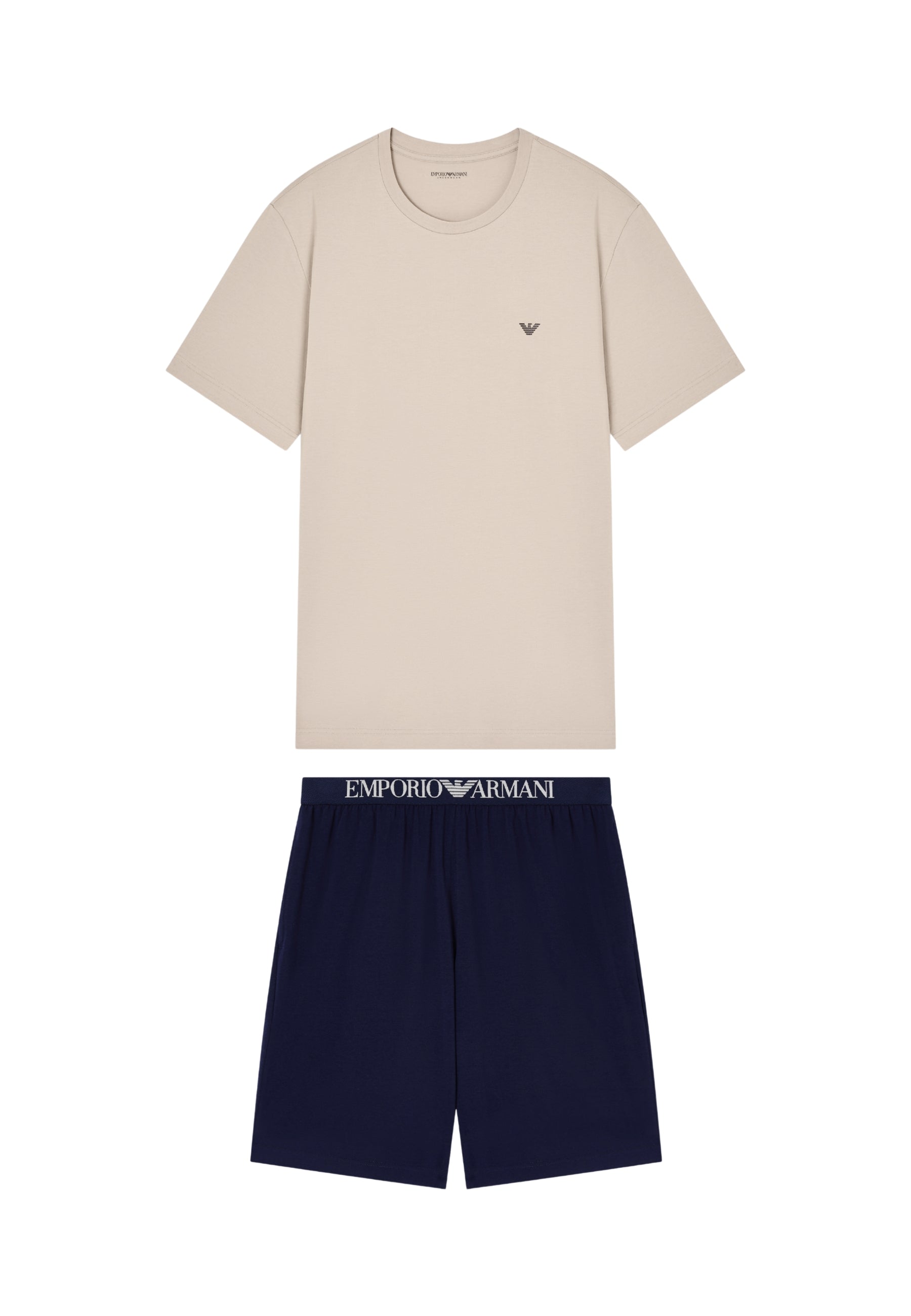 Emporio Armani Pigiama Uomo in Jersey Endurance con Bermuda - Beige e Blu Navy 