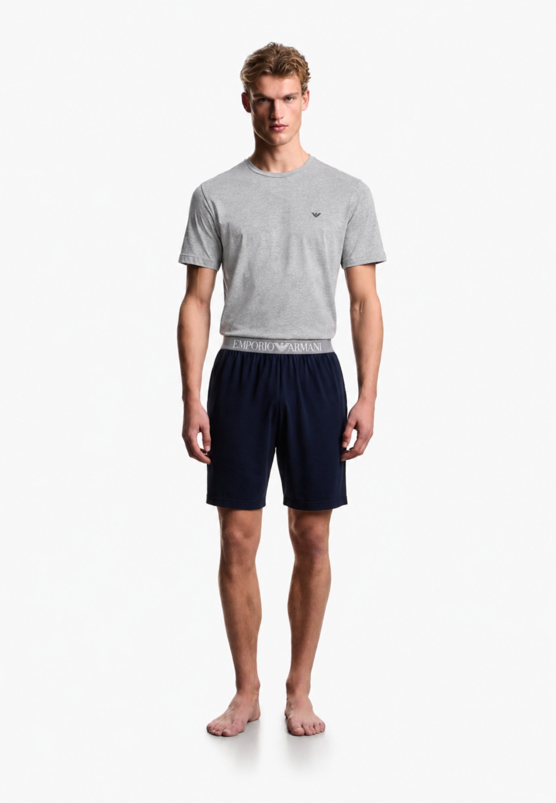 Emporio Armani - Pigiama Uomo con Bermuda in Jersey Stretch - T-shirt Beige e Bermuda Blu 