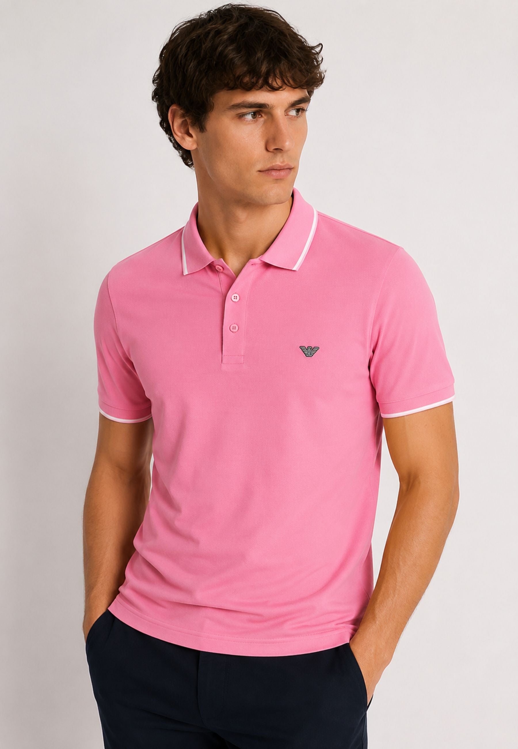 Emporio Armani Polo Uomo in Piqué di Cotone con Profili a Contrasto - Rosa 