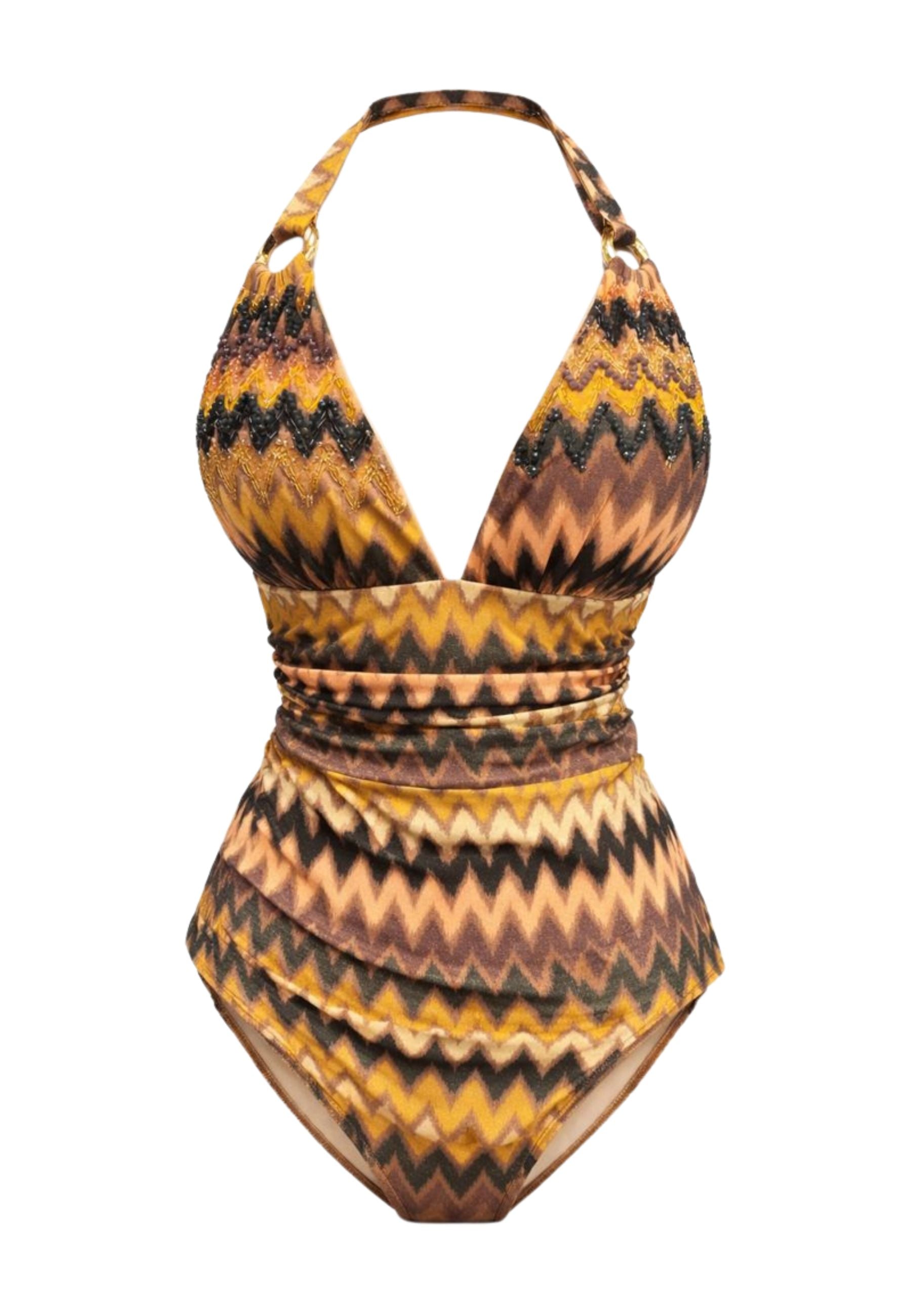 Costume intero donna Ilaria Vitagliano con fantasia zig zag e dettagli gioiello 