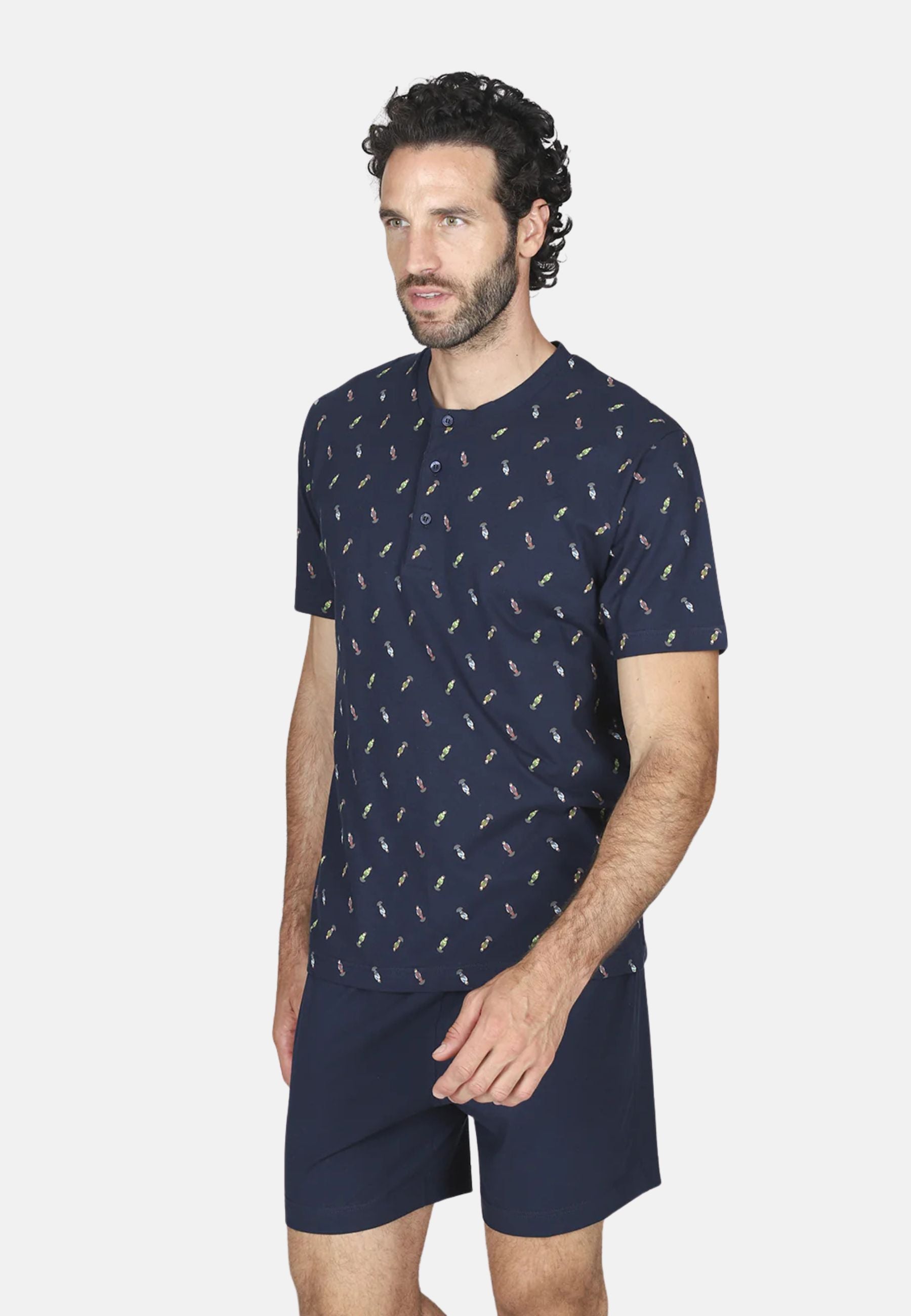 Pigiama Corto Uomo in Cotone Jersey Serafino Fantasia Blu 