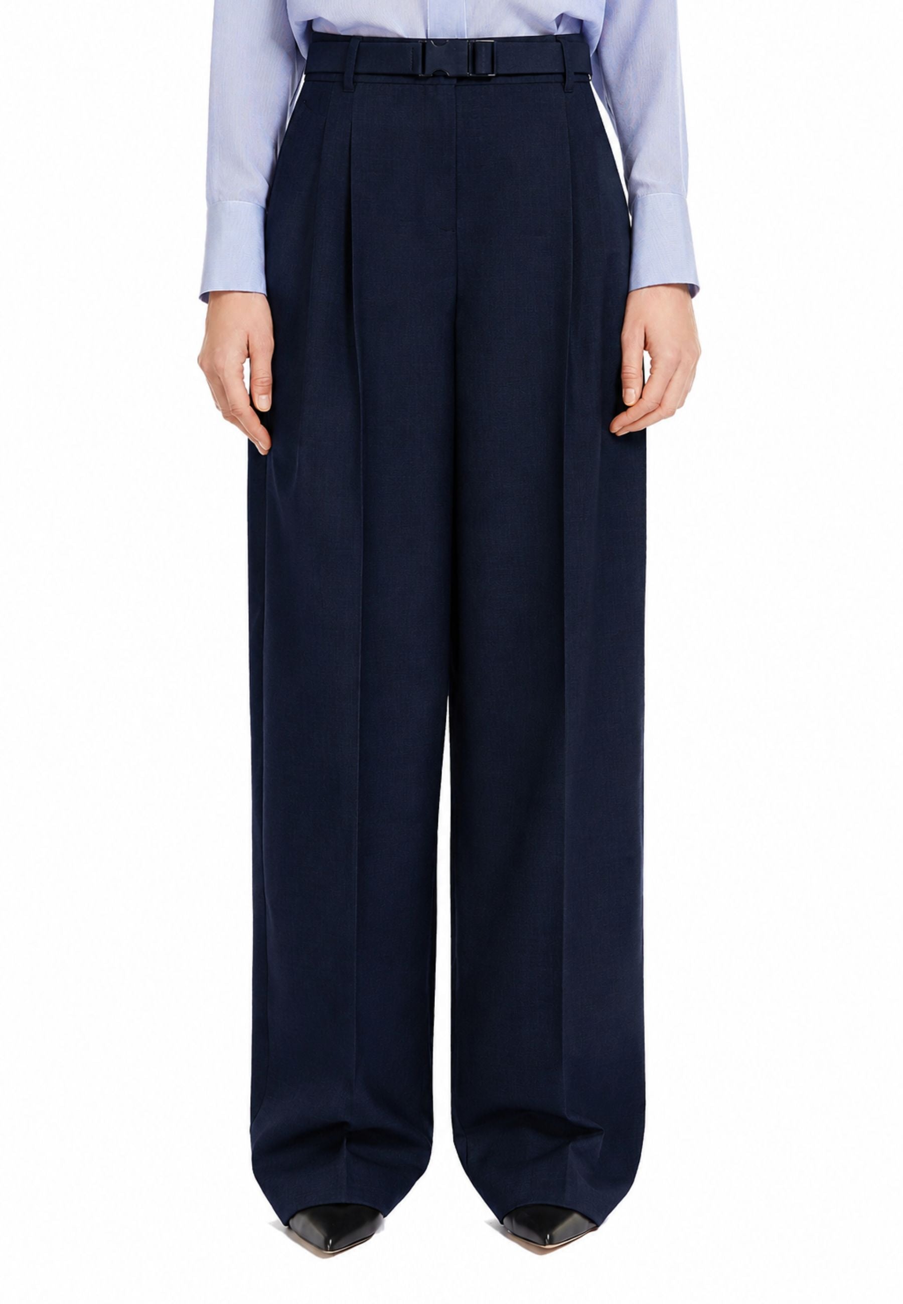 Pantalone lungo in gabardina di misto lana con cintura coordinata 