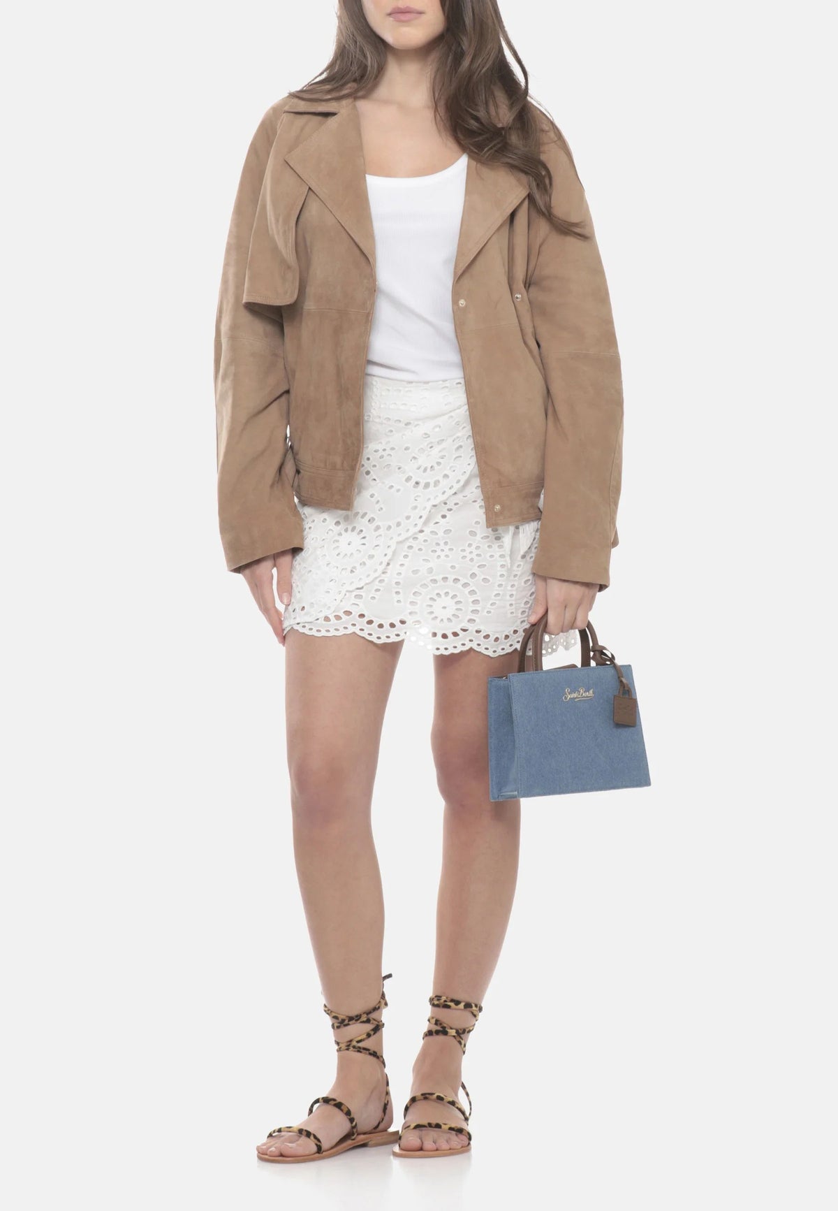 Shop Bag Mini in denim blu con inserti in pelle 