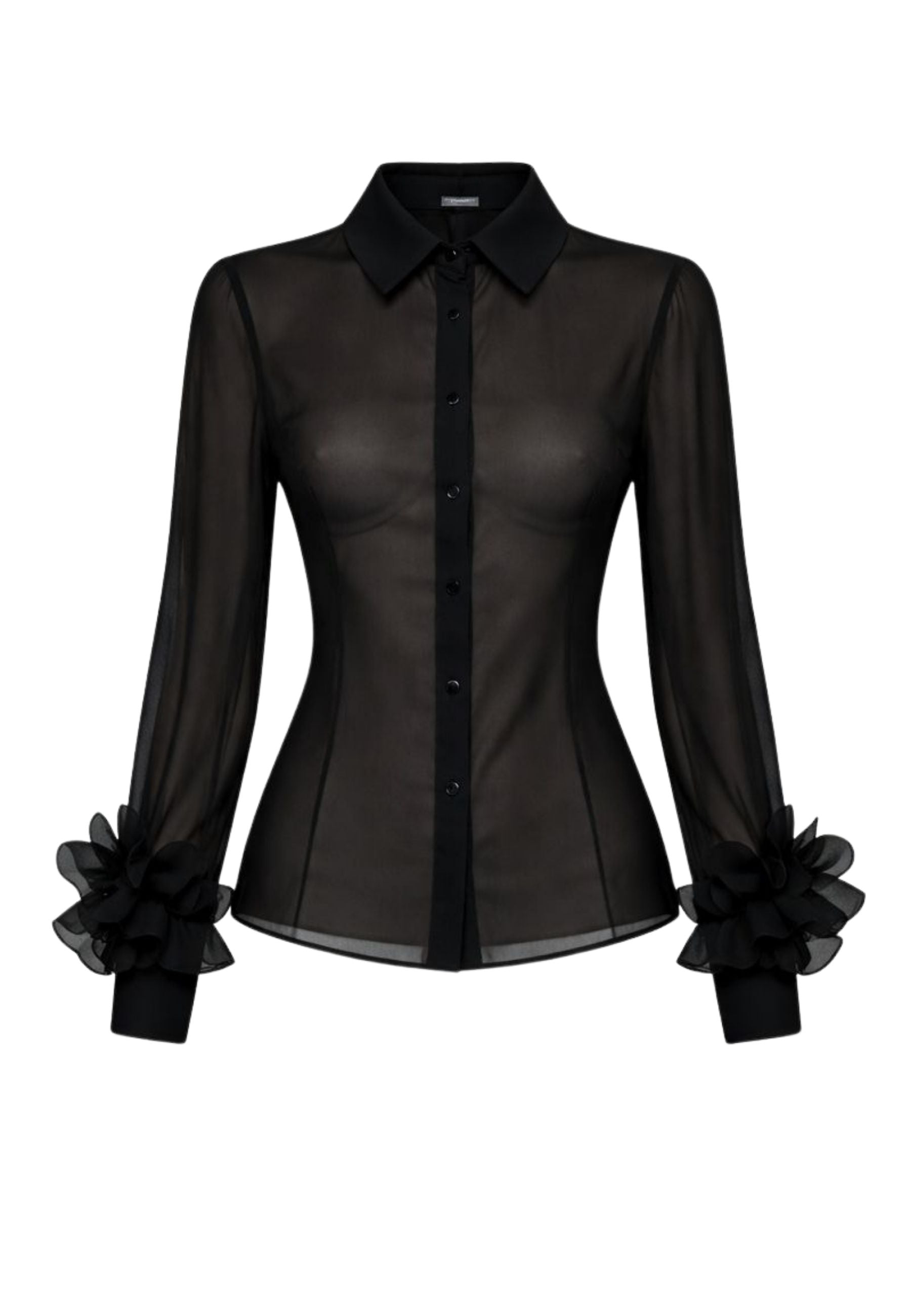 Camicia semitrasparente con dettaglio fiori sui polsi 