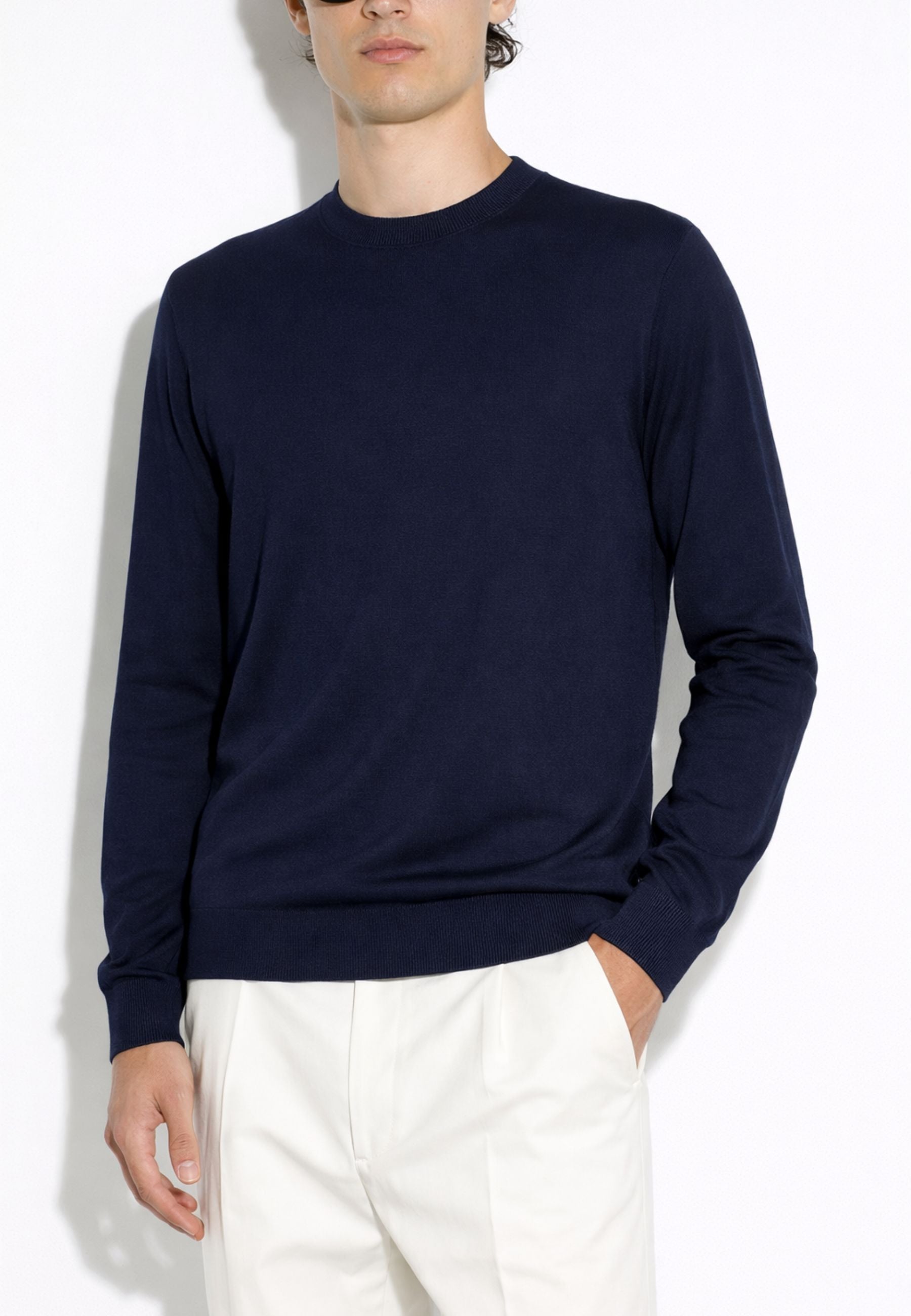 Paolo Pecora - Maglia girocollo in seta e cotone blu navy 