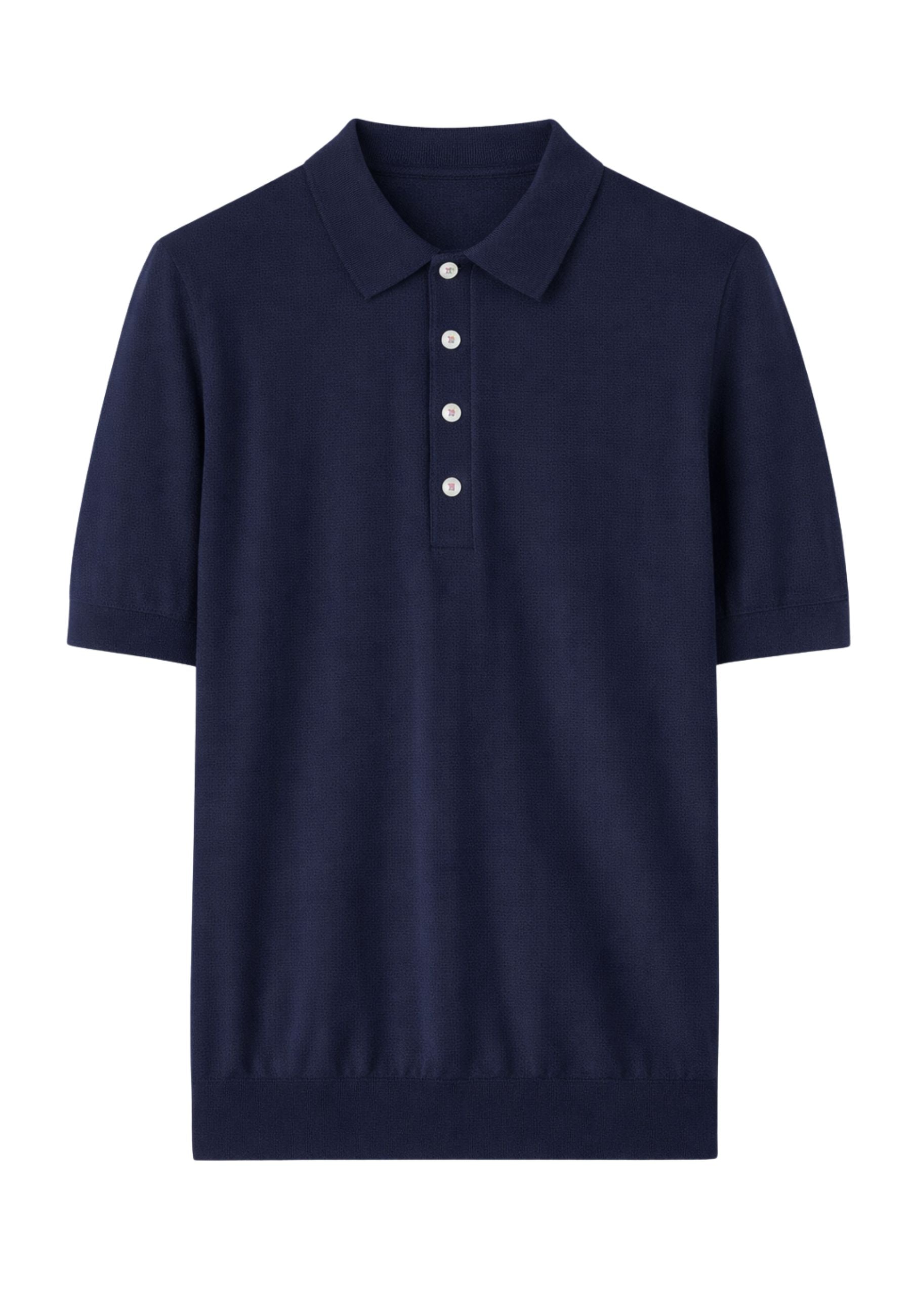 Paolo Pecora - Polo in seta e cotone blu navy con bottoni in madreperla 
