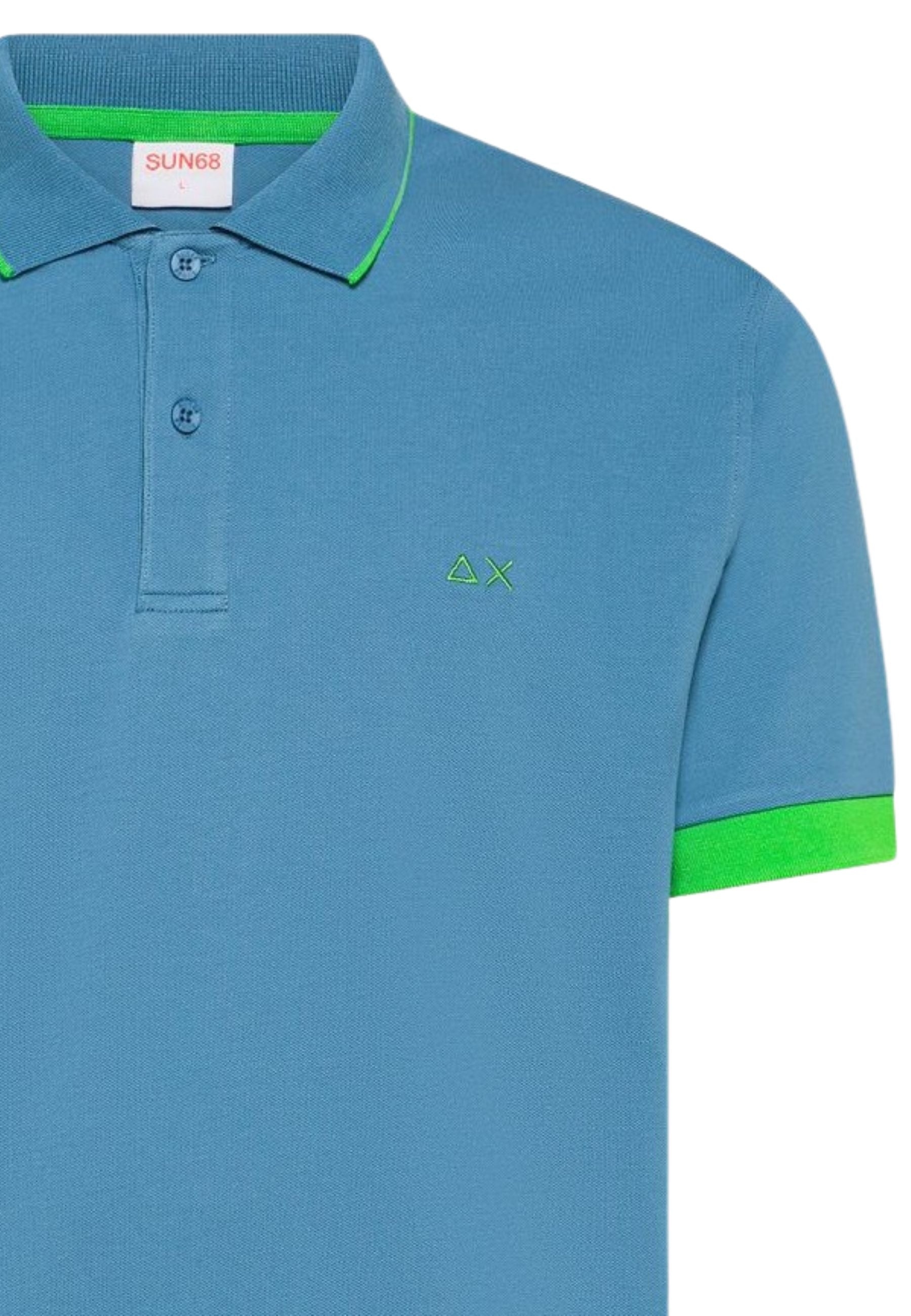 Polo in cotone blu avio con bordi fluo a contrasto 