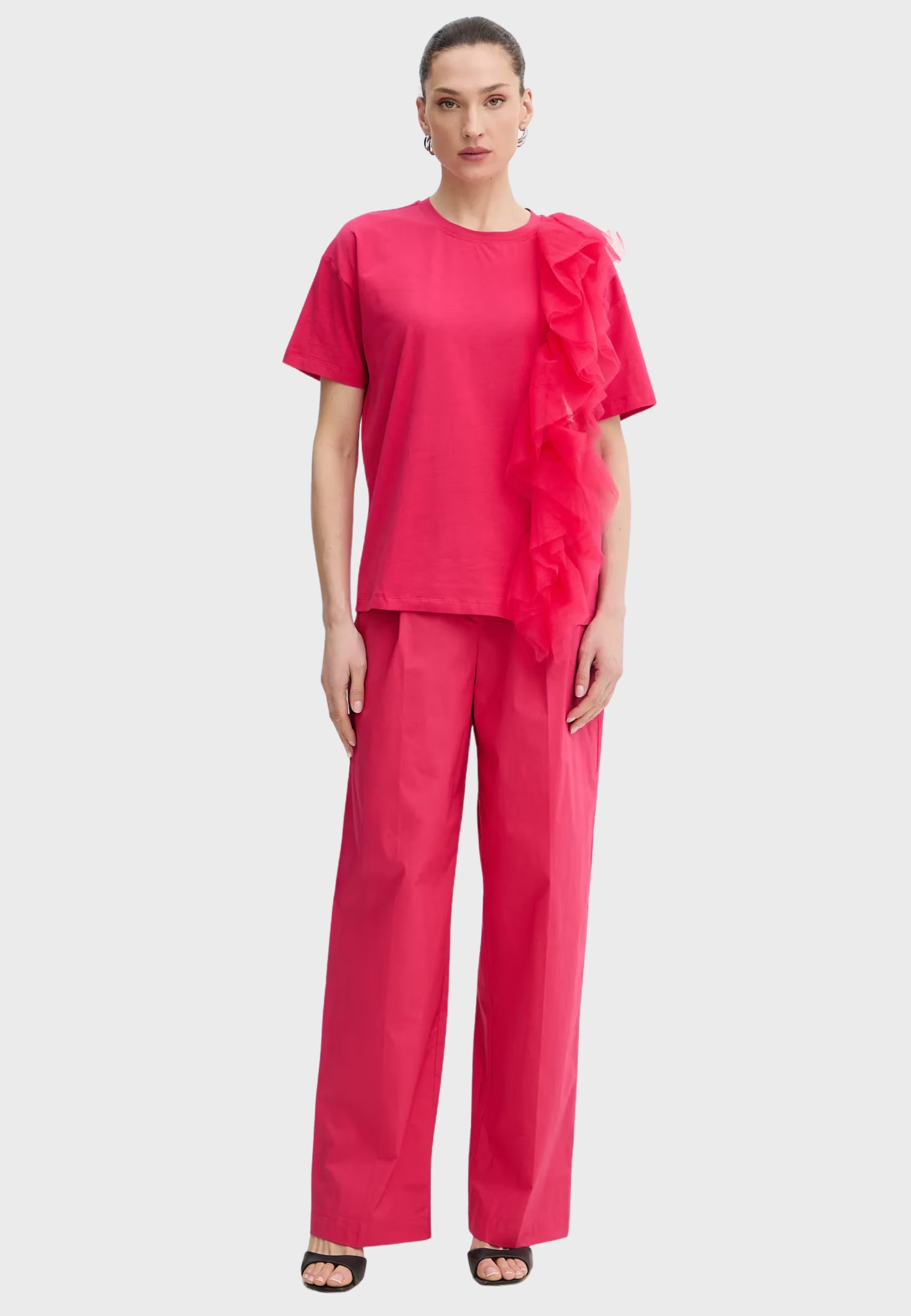 Actitude by Twinset T-shirt Regular con Volant in Tulle Fucsia 