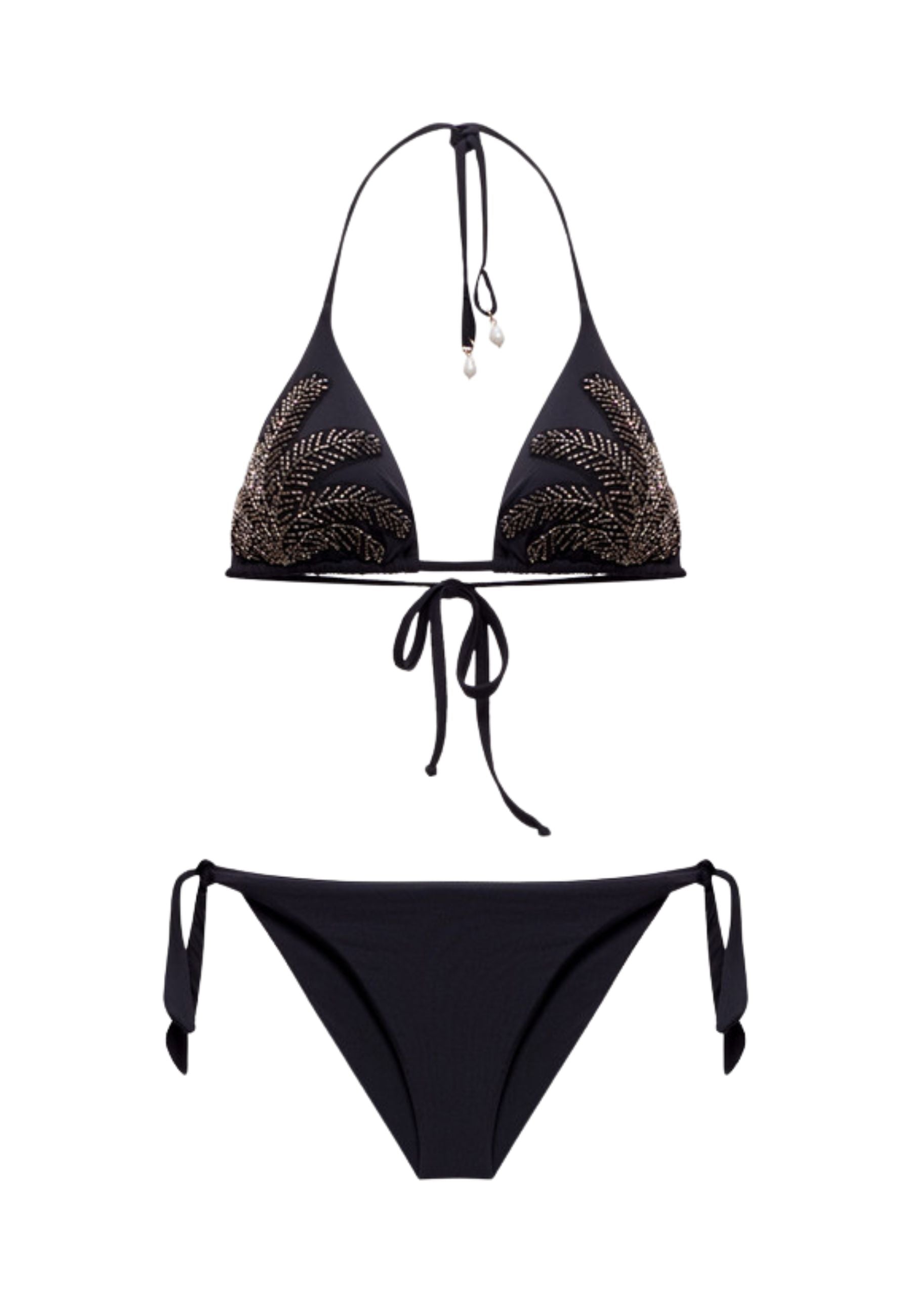 Bikini Triangolo Ricamato con Perline Nero 