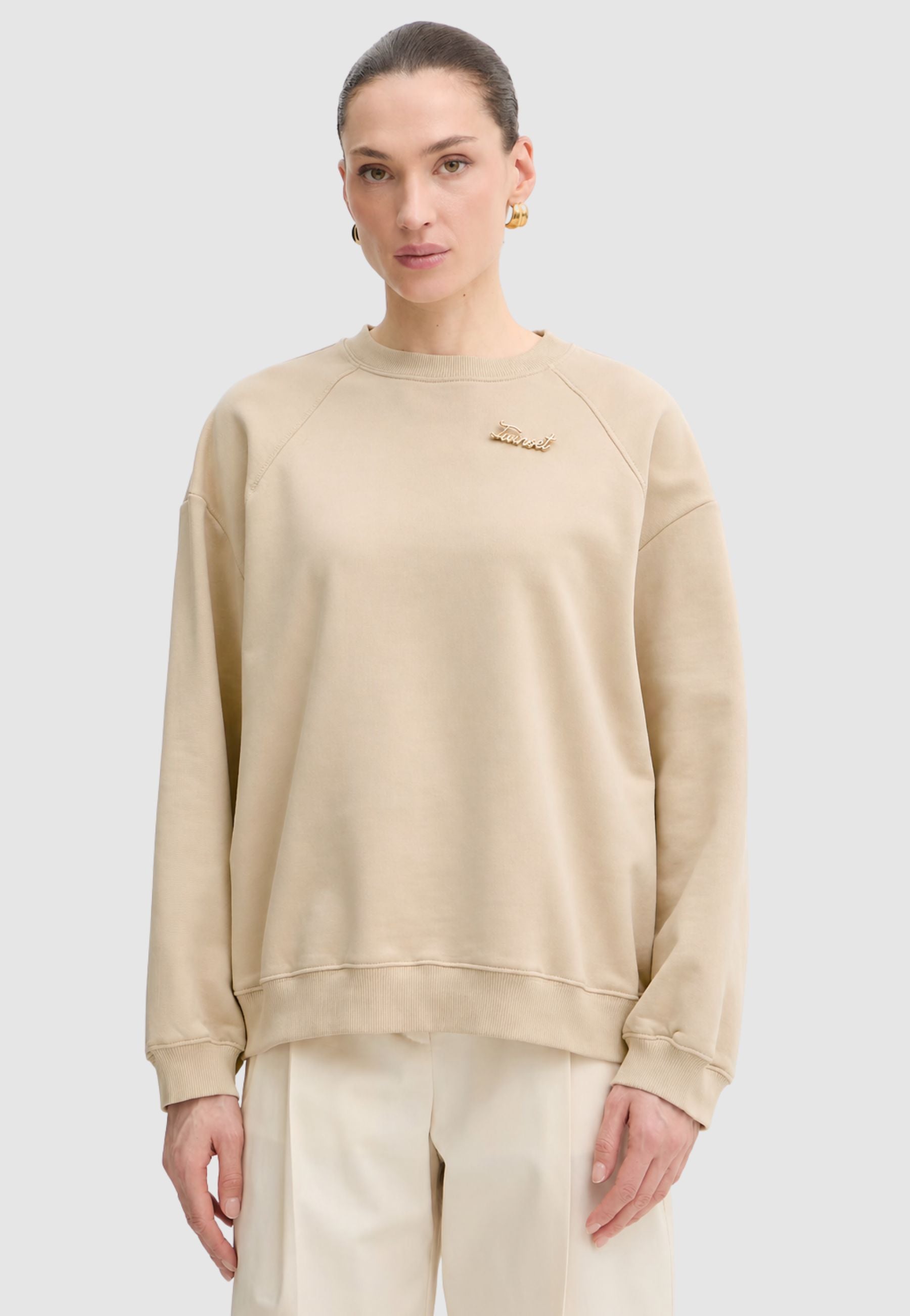 Twinset Felpa in Cotone Beige - Vestibilità Over<BR/> 