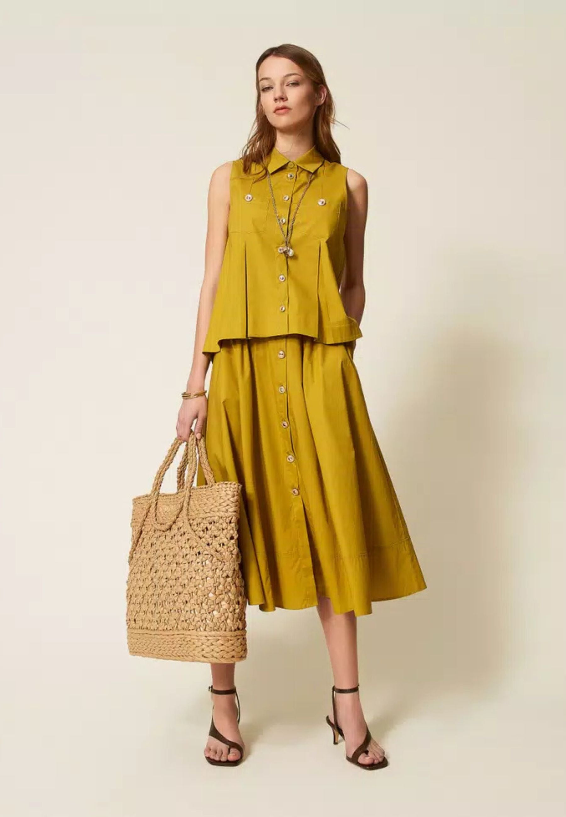 Gonna lunga in popeline di cotone stretch con bottoni 