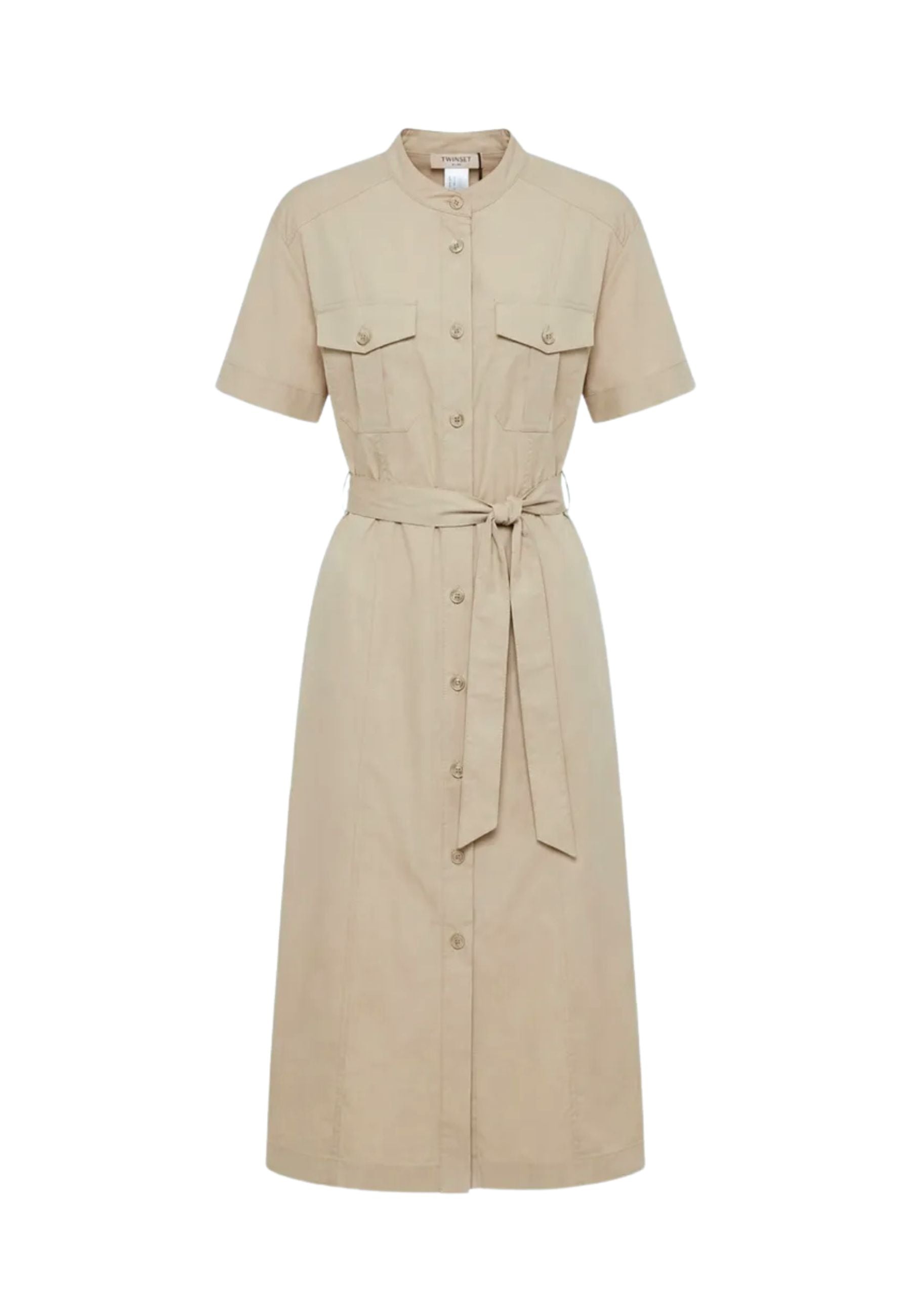 Abito Midi Camicia Beige Twinset in Cotone Stretch con Cintura e Tasche 