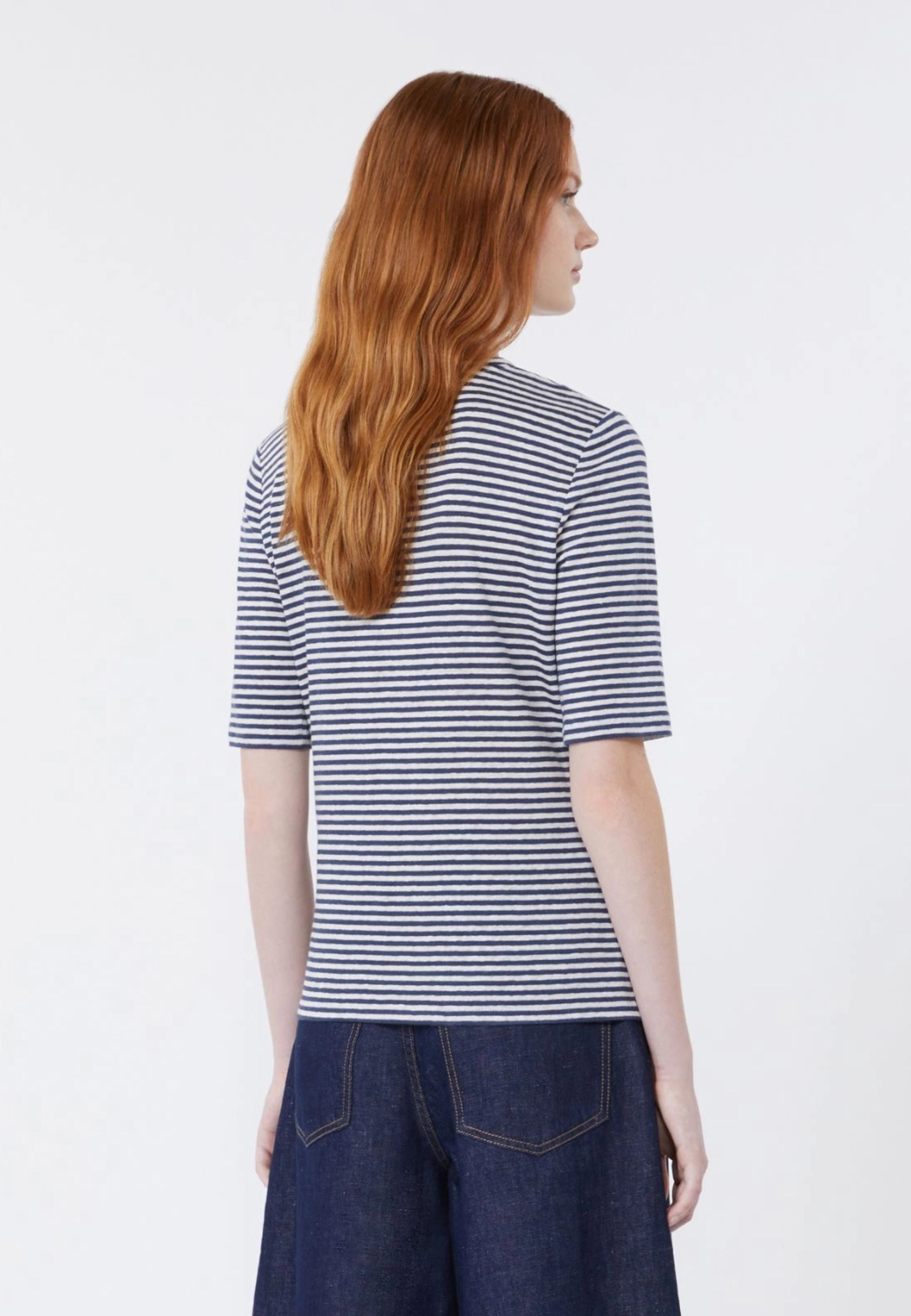 T-shirt a V in jersey di lino stretch - BLU MARINO 