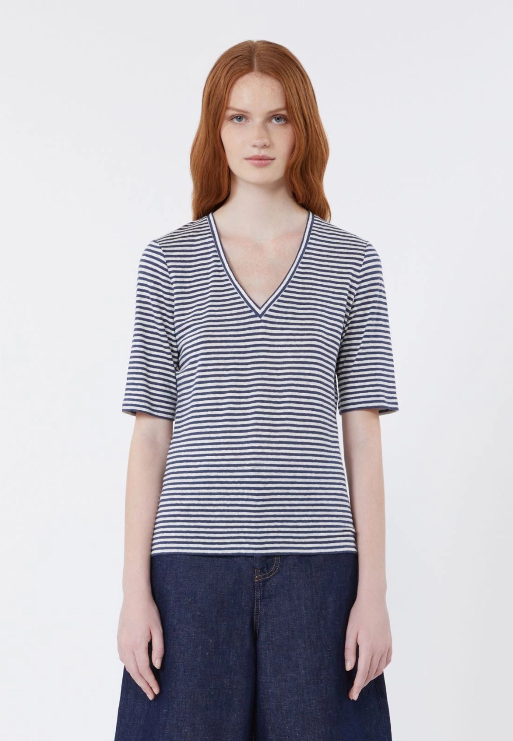 T-shirt a V in jersey di lino stretch - BLU MARINO 