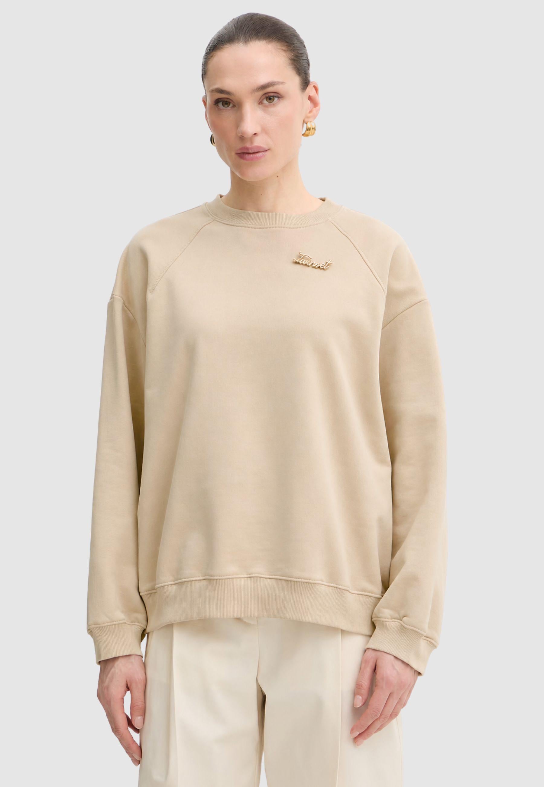 Twinset Felpa in Cotone Beige - Vestibilità Over<BR/> 