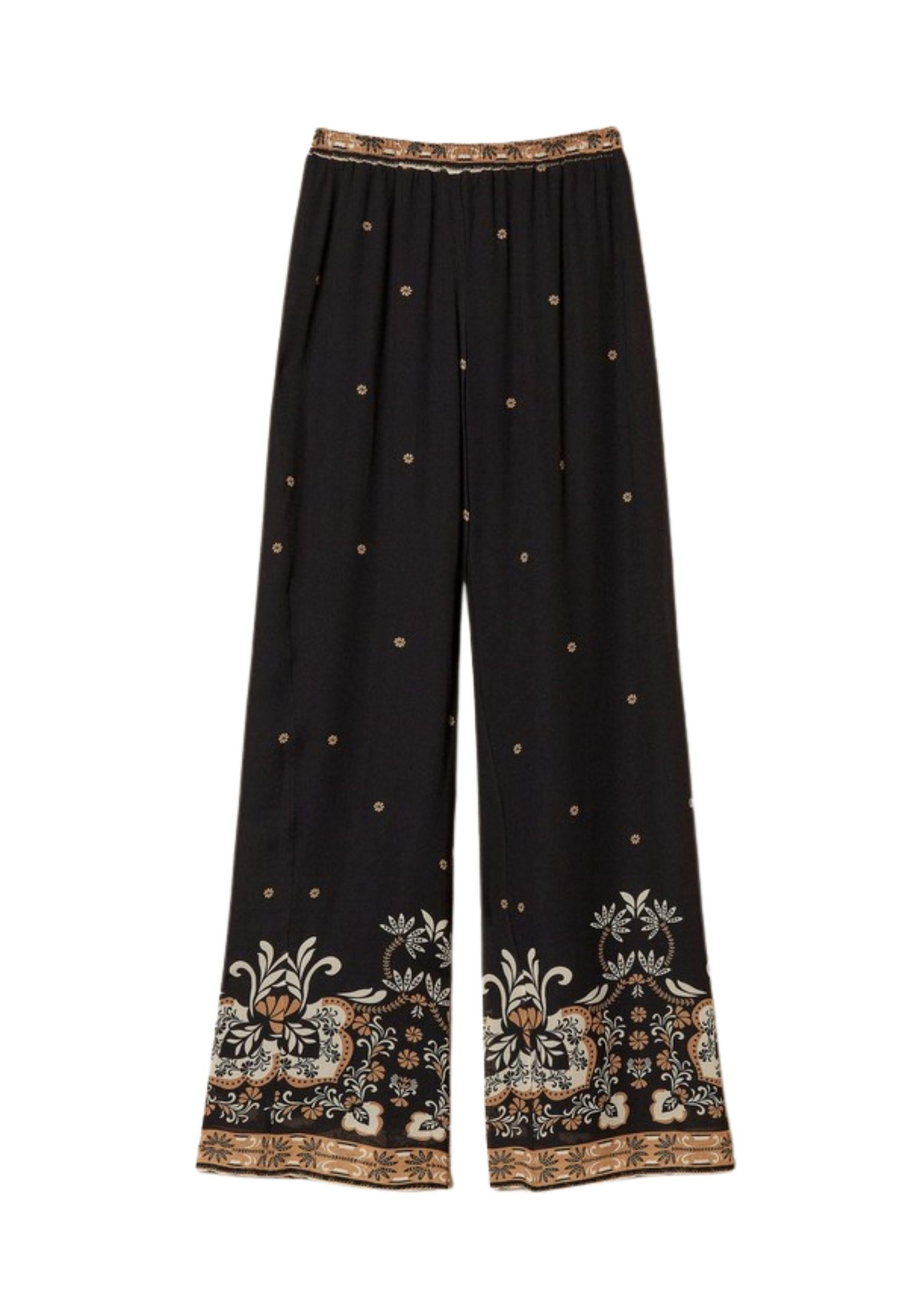 Pantaloni ampi in georgette stampata effetto foulard 