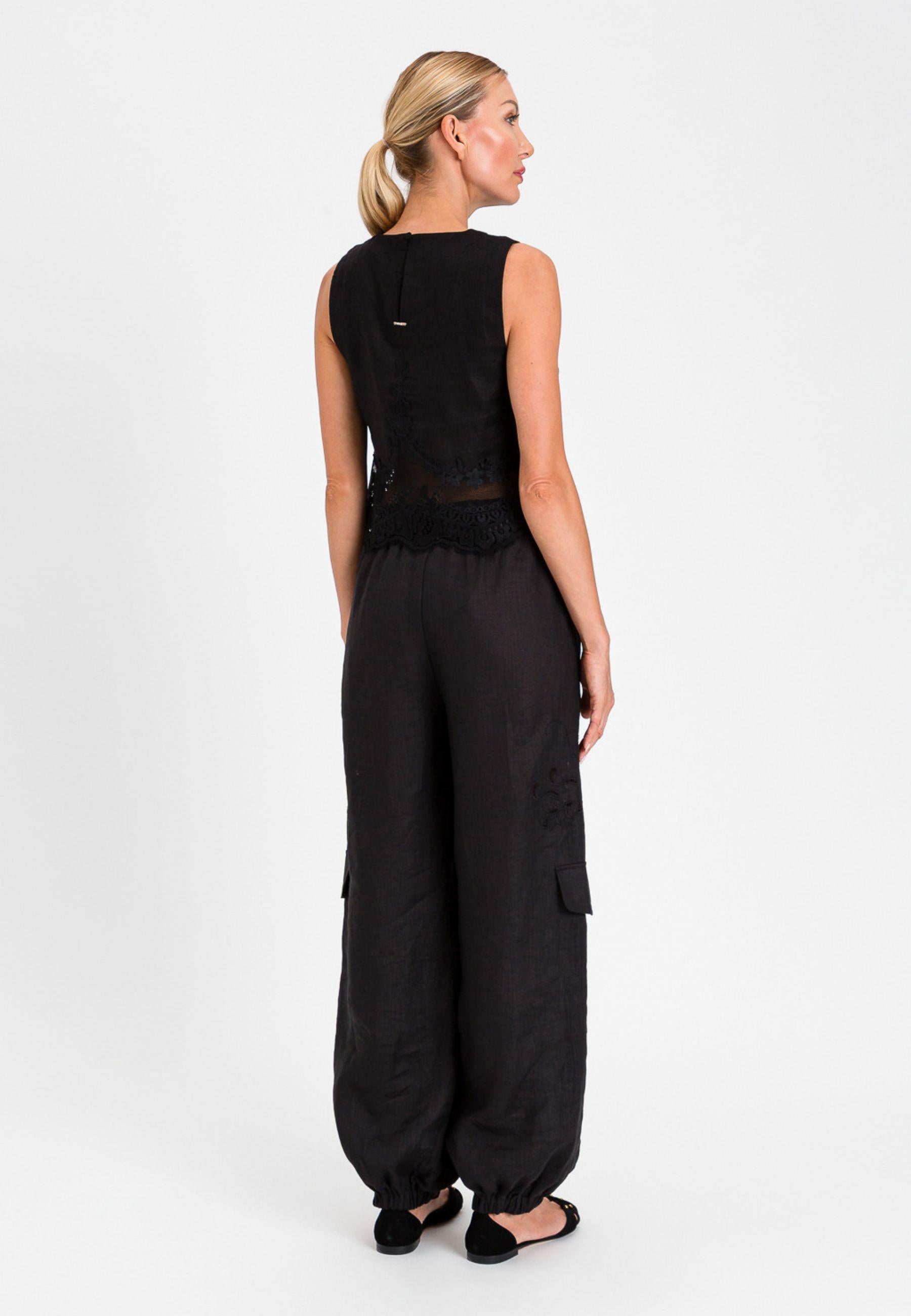 Pantaloni joggers in lino e sangallo 