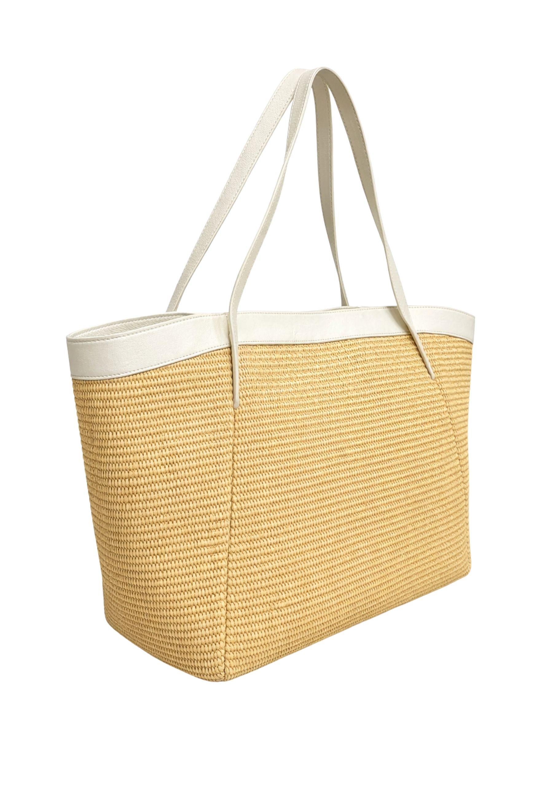 Borsa Shopper Twinset in rafia intrecciata con dettagli in pelle 