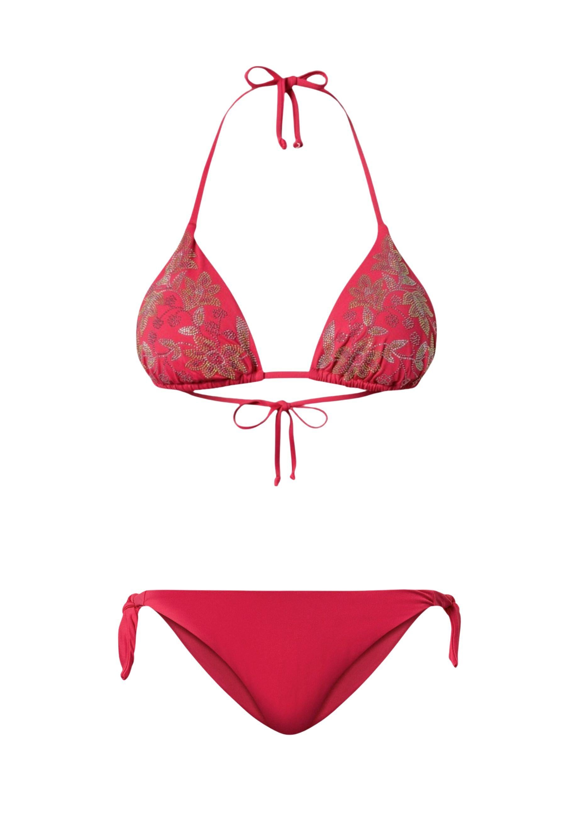 Bikini Triangolo con Applicazioni Hotfix Floreali e Slip Tanga Regolabile 