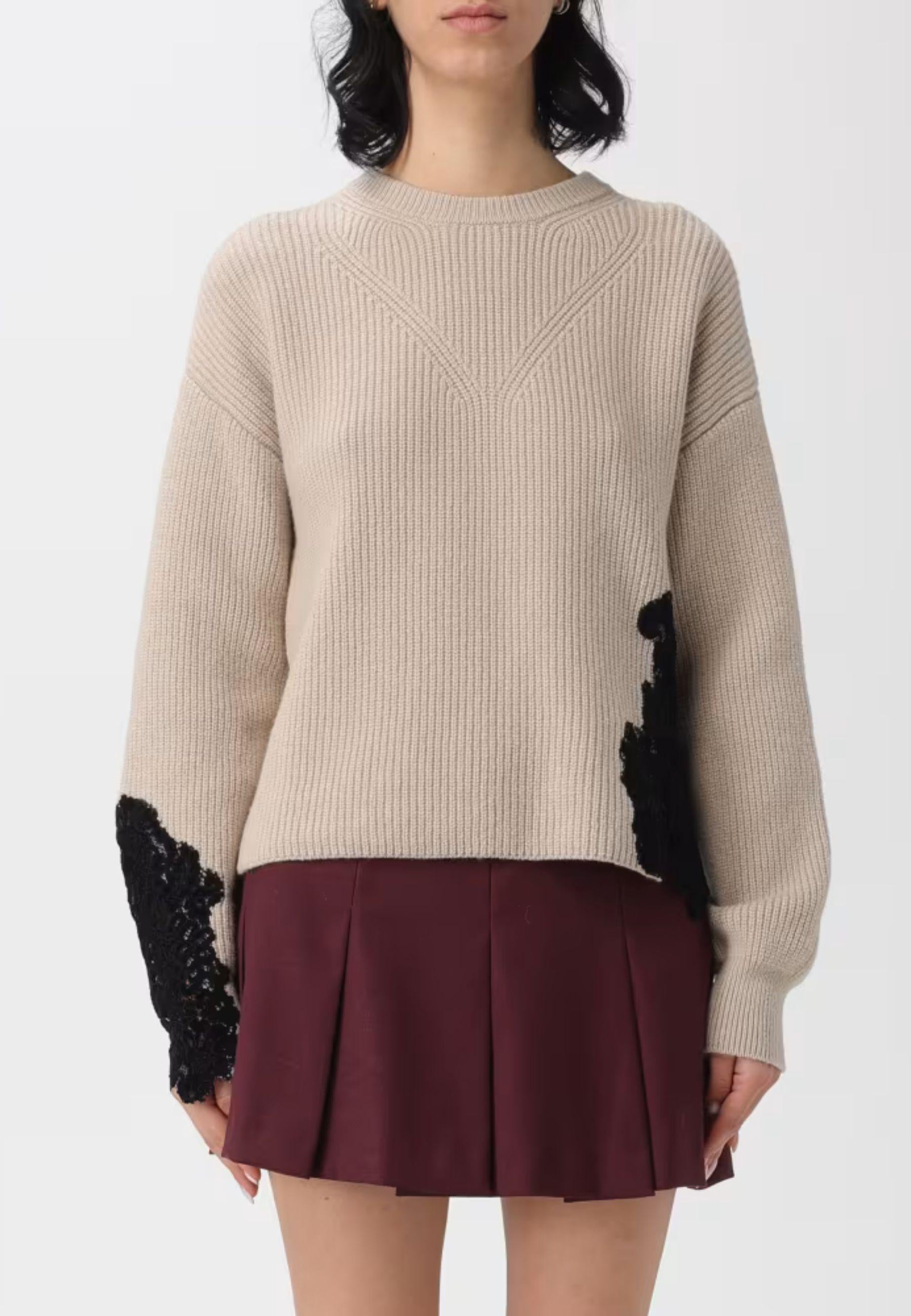 Maglia Girocollo in Misto Lana con Inserti in Pizzo 